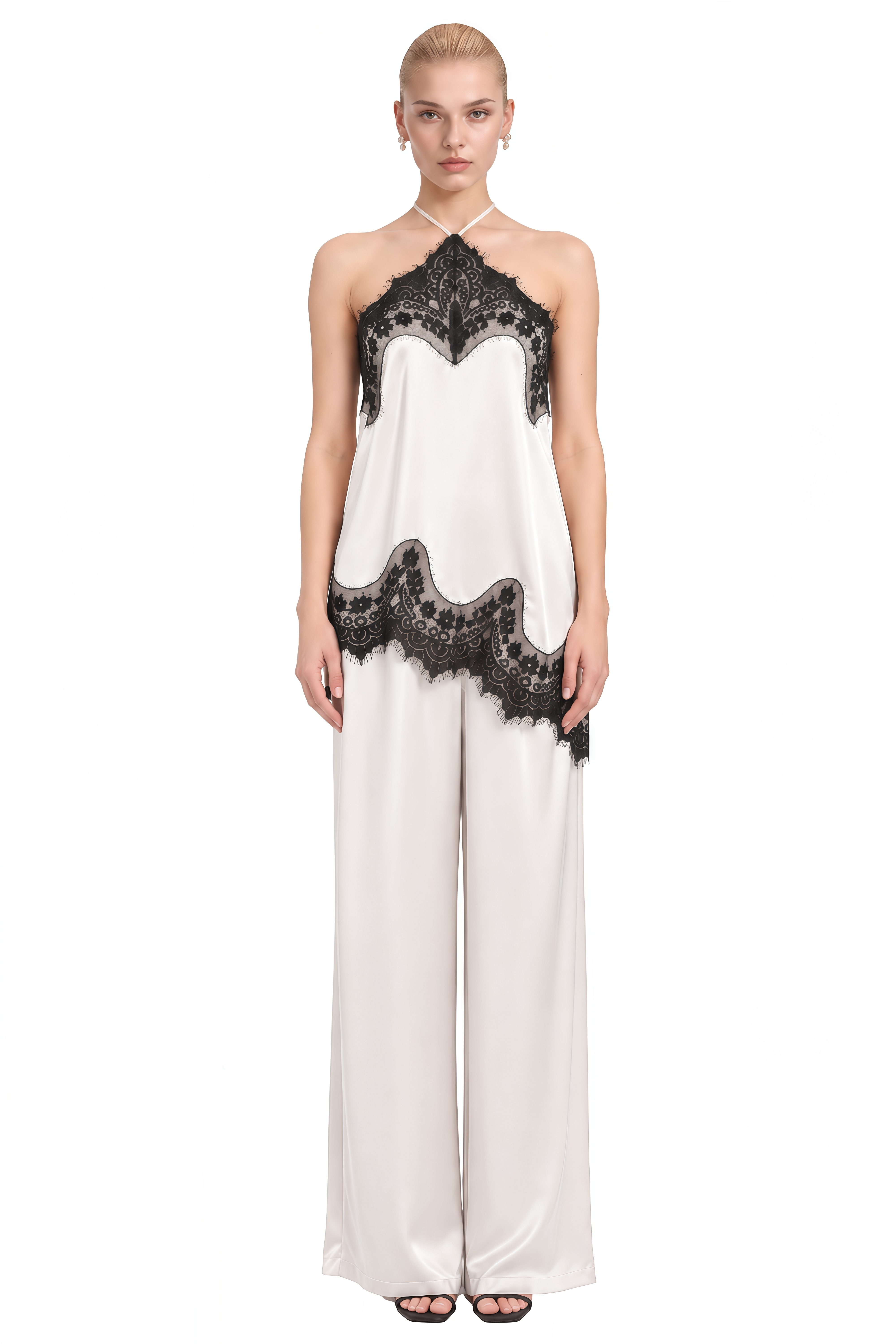 Diana White Halterneck Asymmetrical Top & Trousers Set