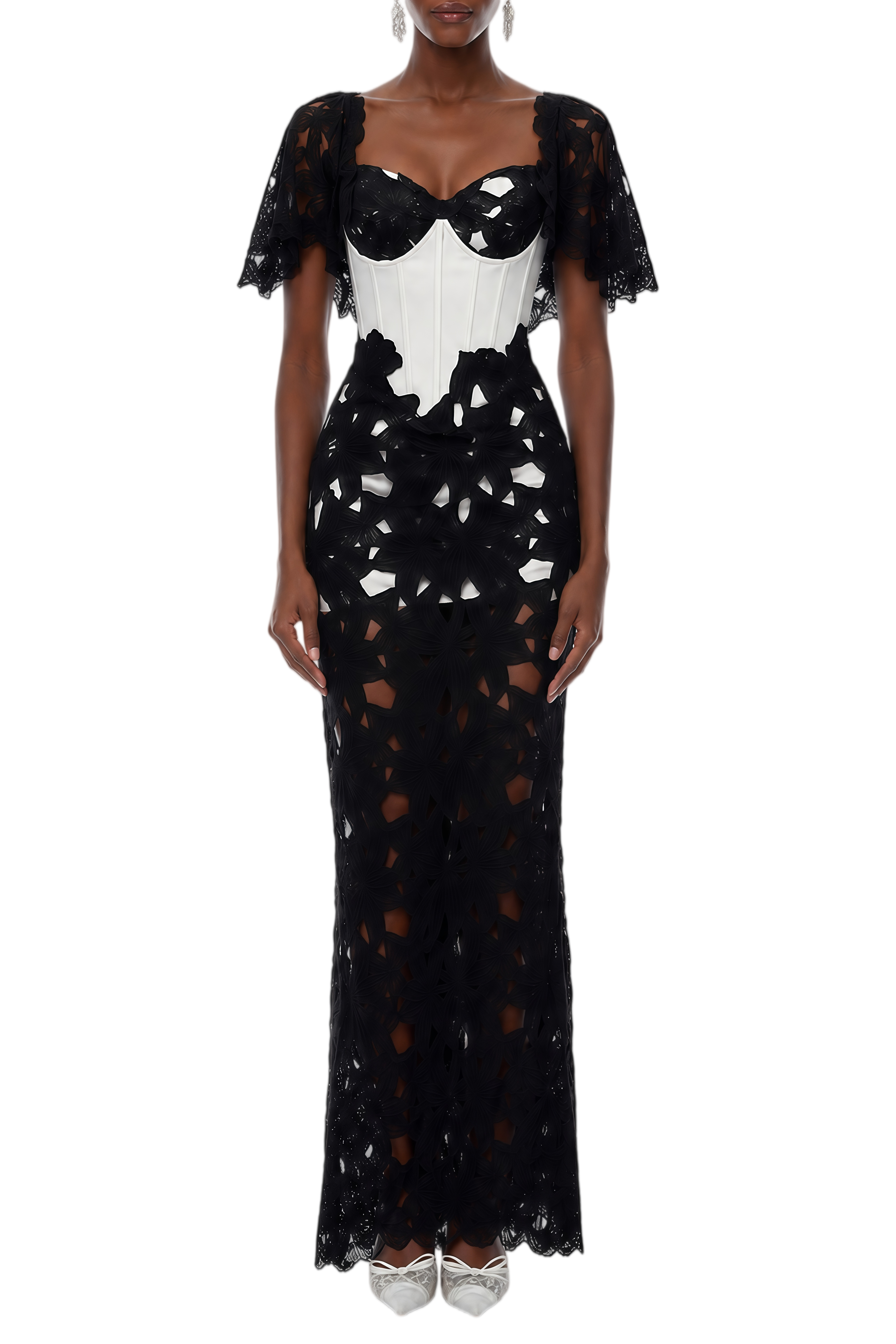 Elaine Black Floral Lace Shawl & Corset Dress Set