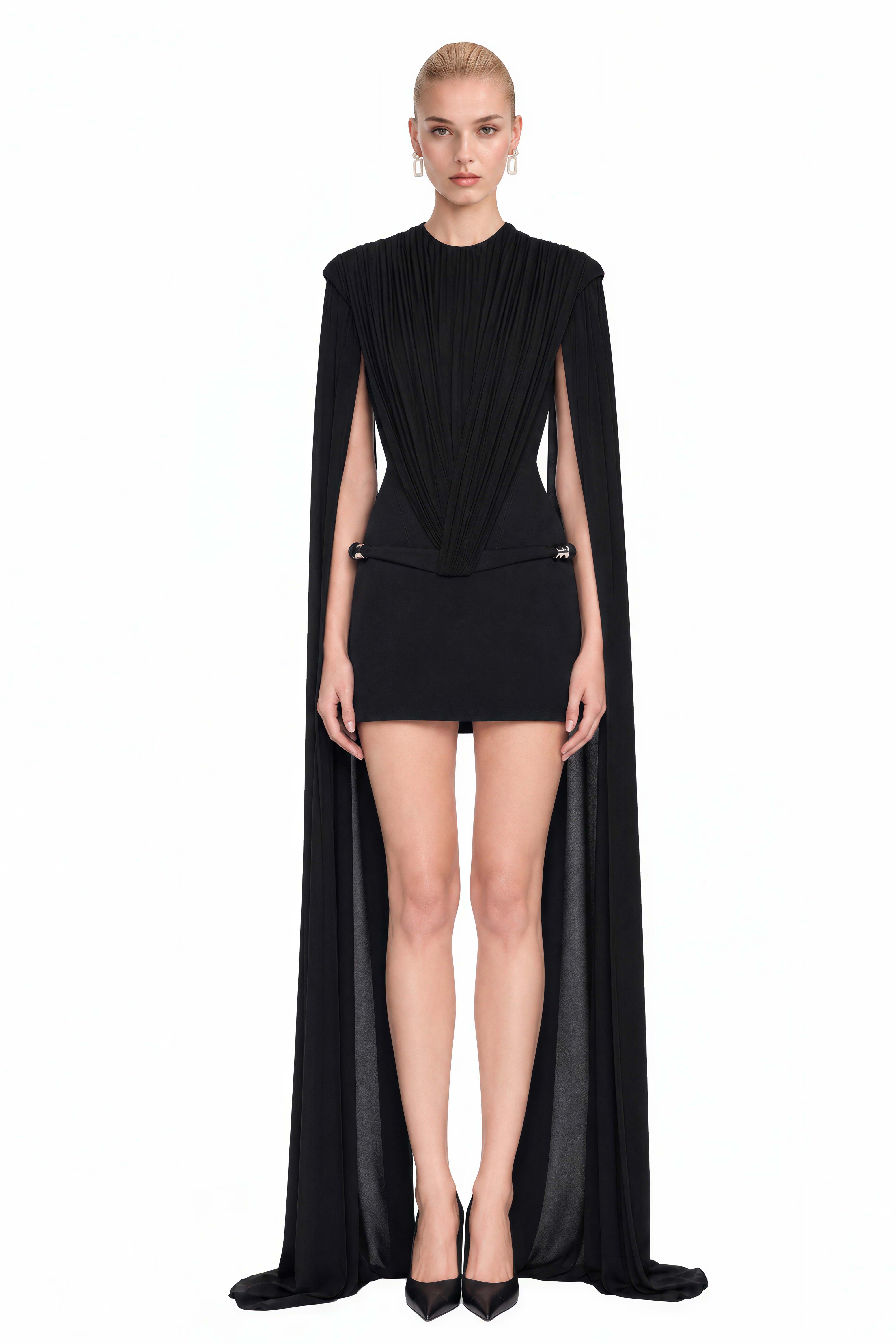 Eleanor Black Draped Shoulder Panels Mini Dress
