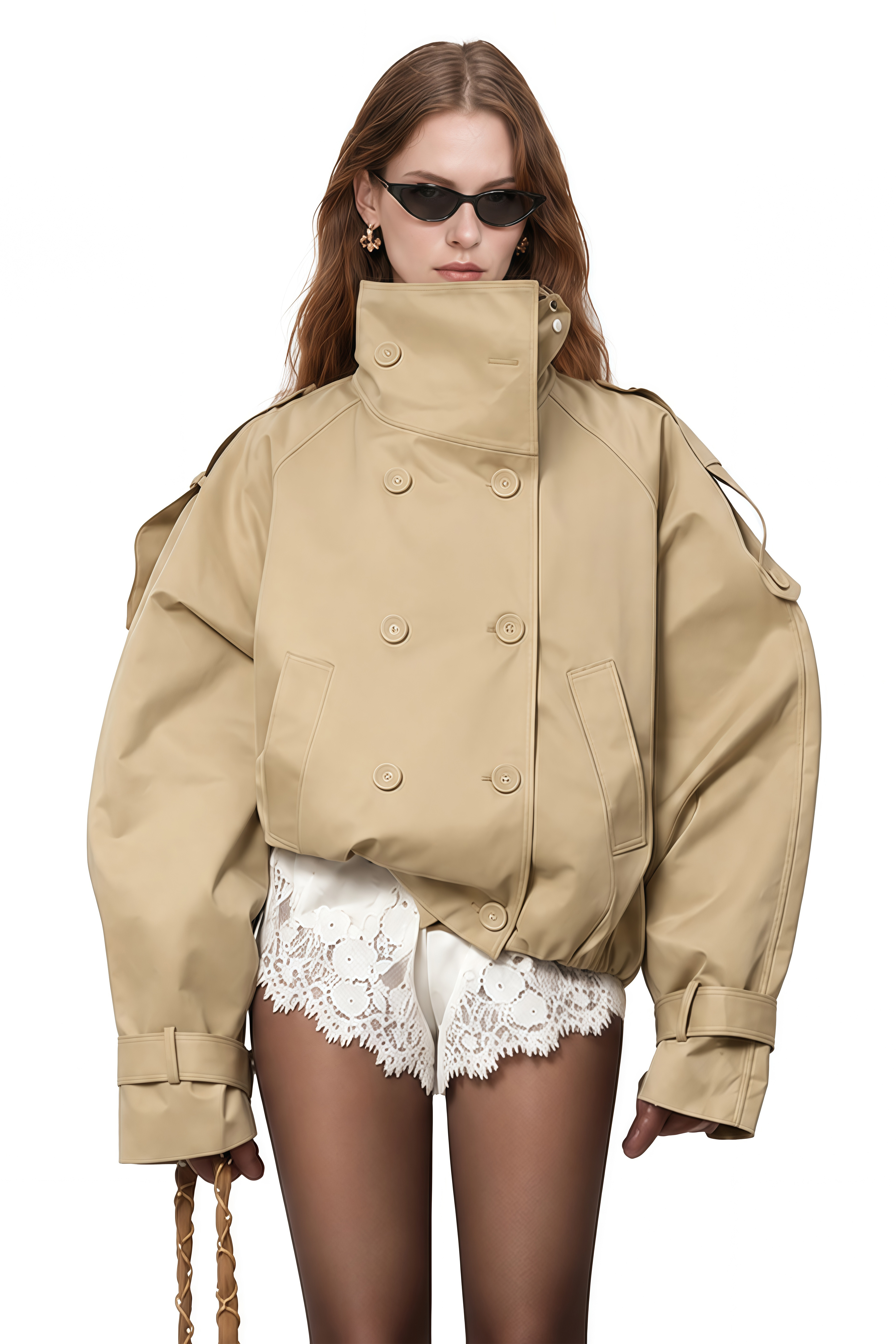 Elodie Beige Long Sleeves High-Collar Coat