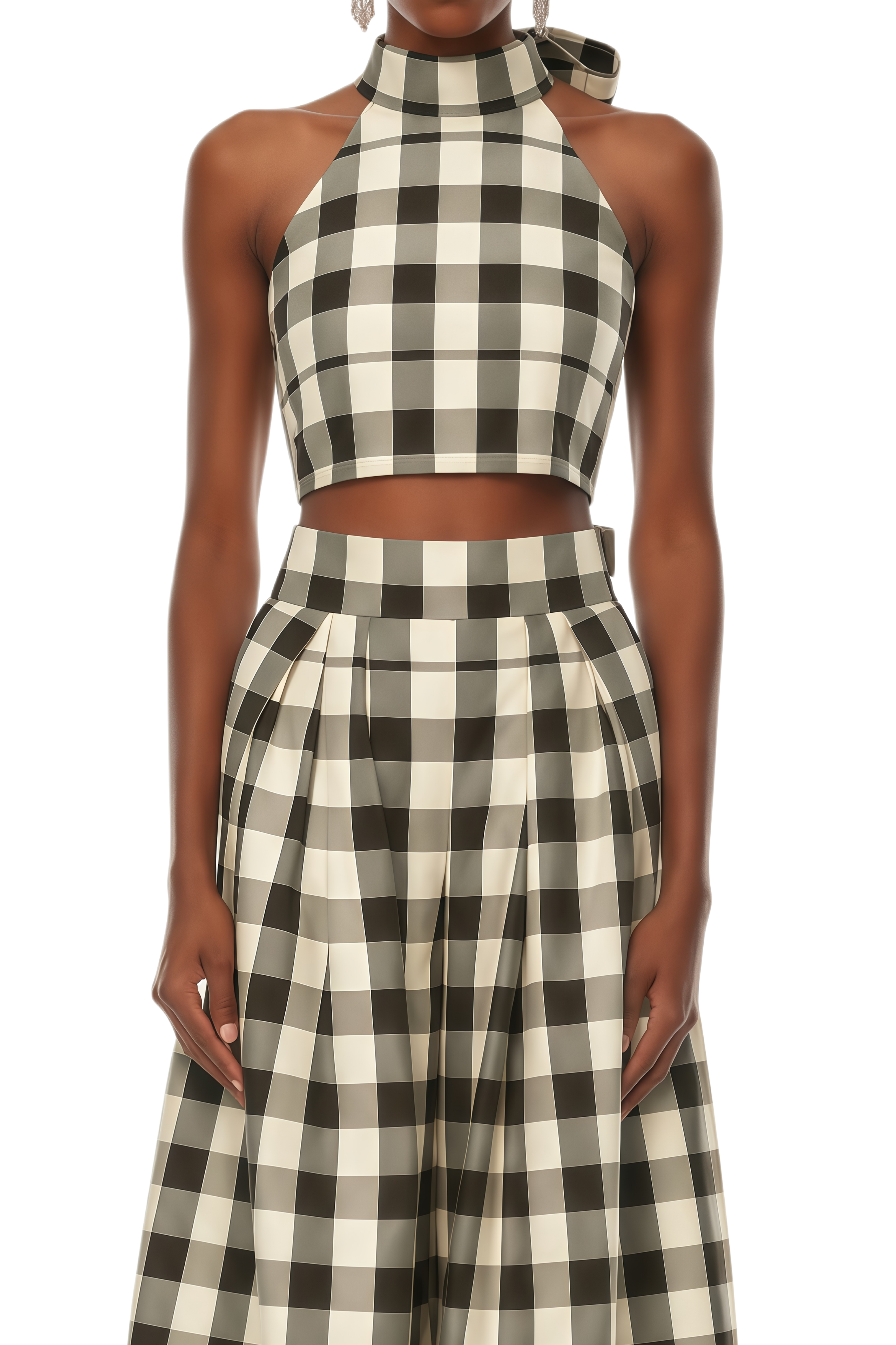 Elvira Brown Gingham Print Top & Trousers Set