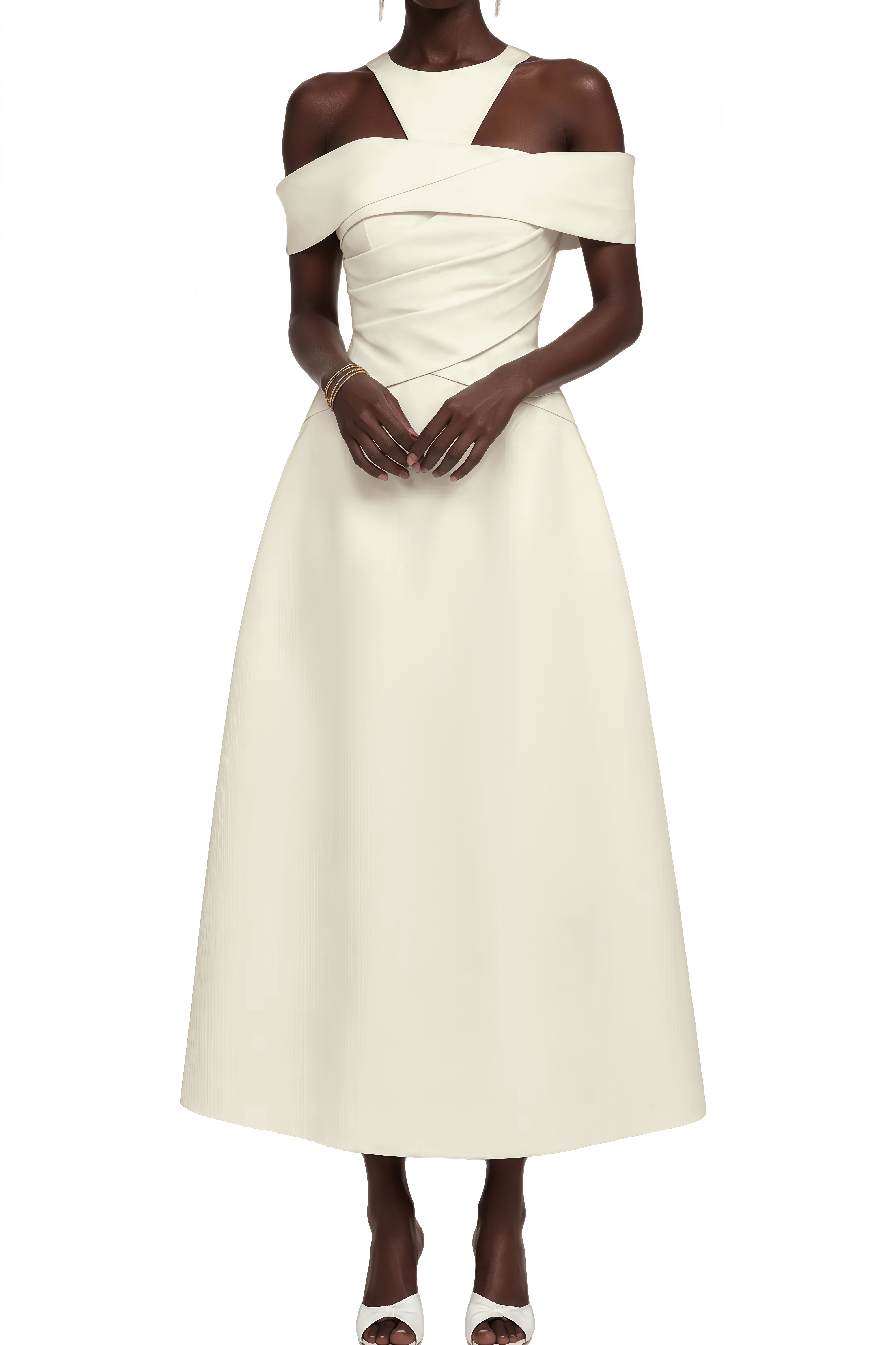 Elvira Ivory Halterneck Gathered Midi Dress