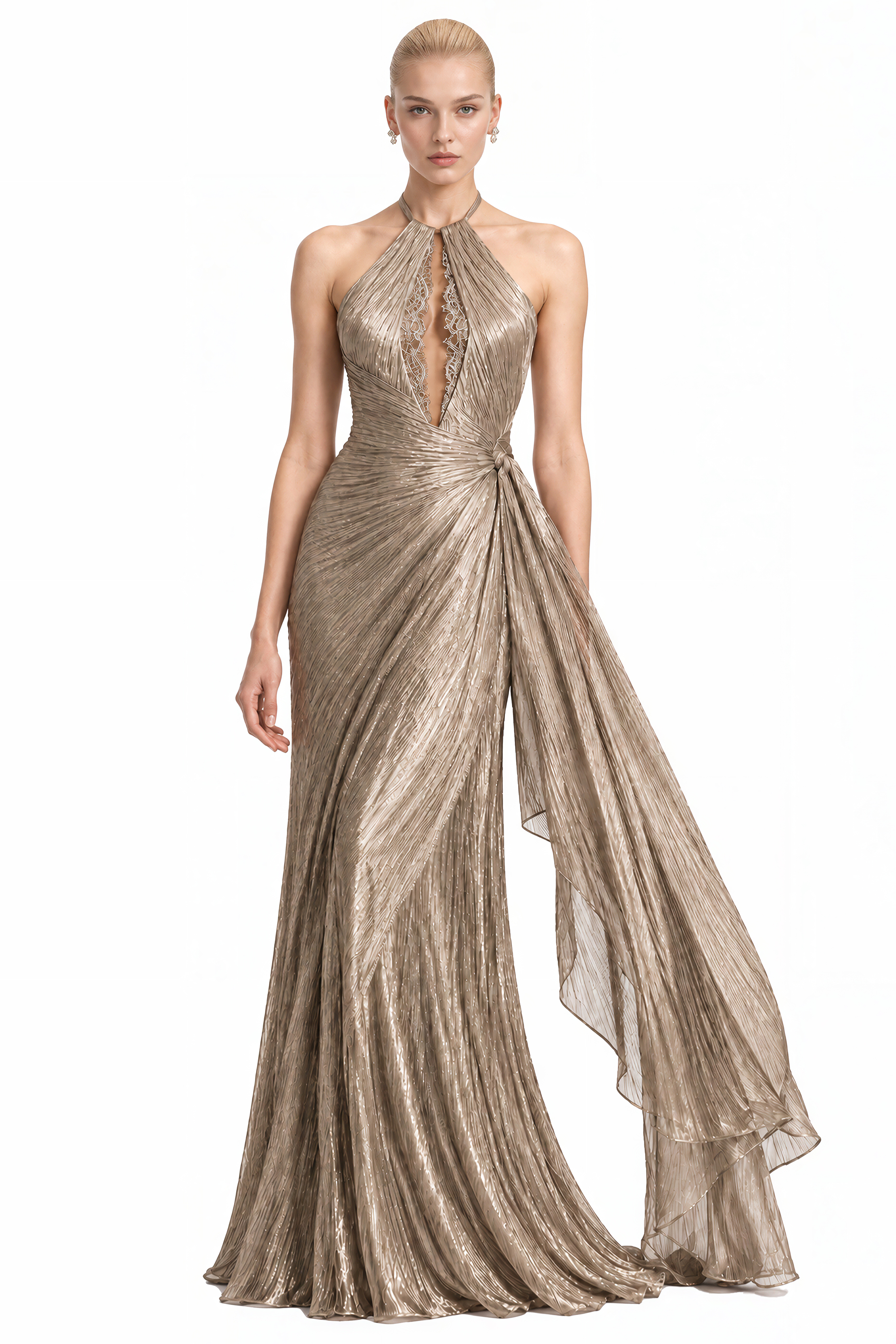 Ember Champagne Halterneck Draped Maxi Dress