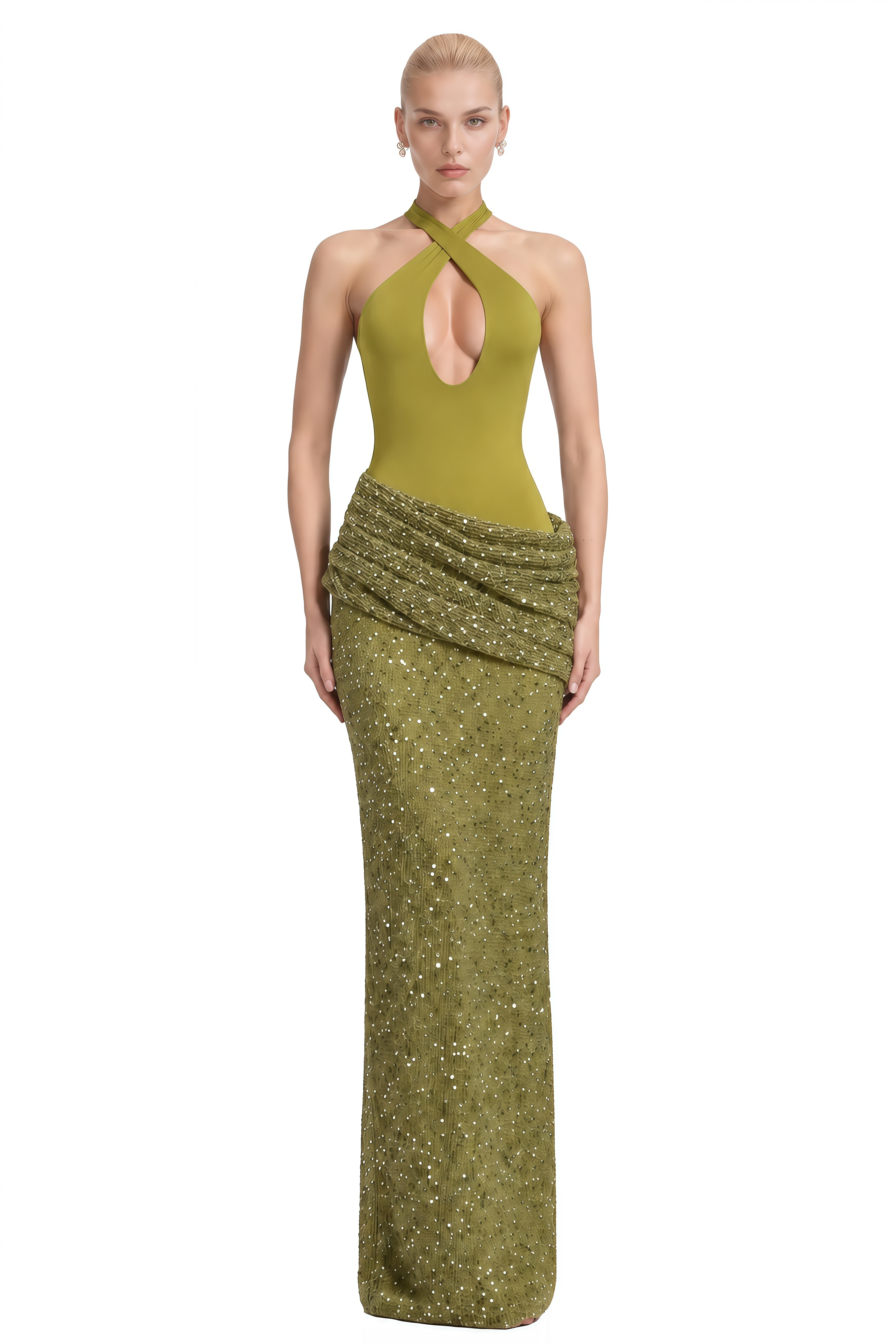Emerson Olive Green Halterneck Sequin Maxi Dress