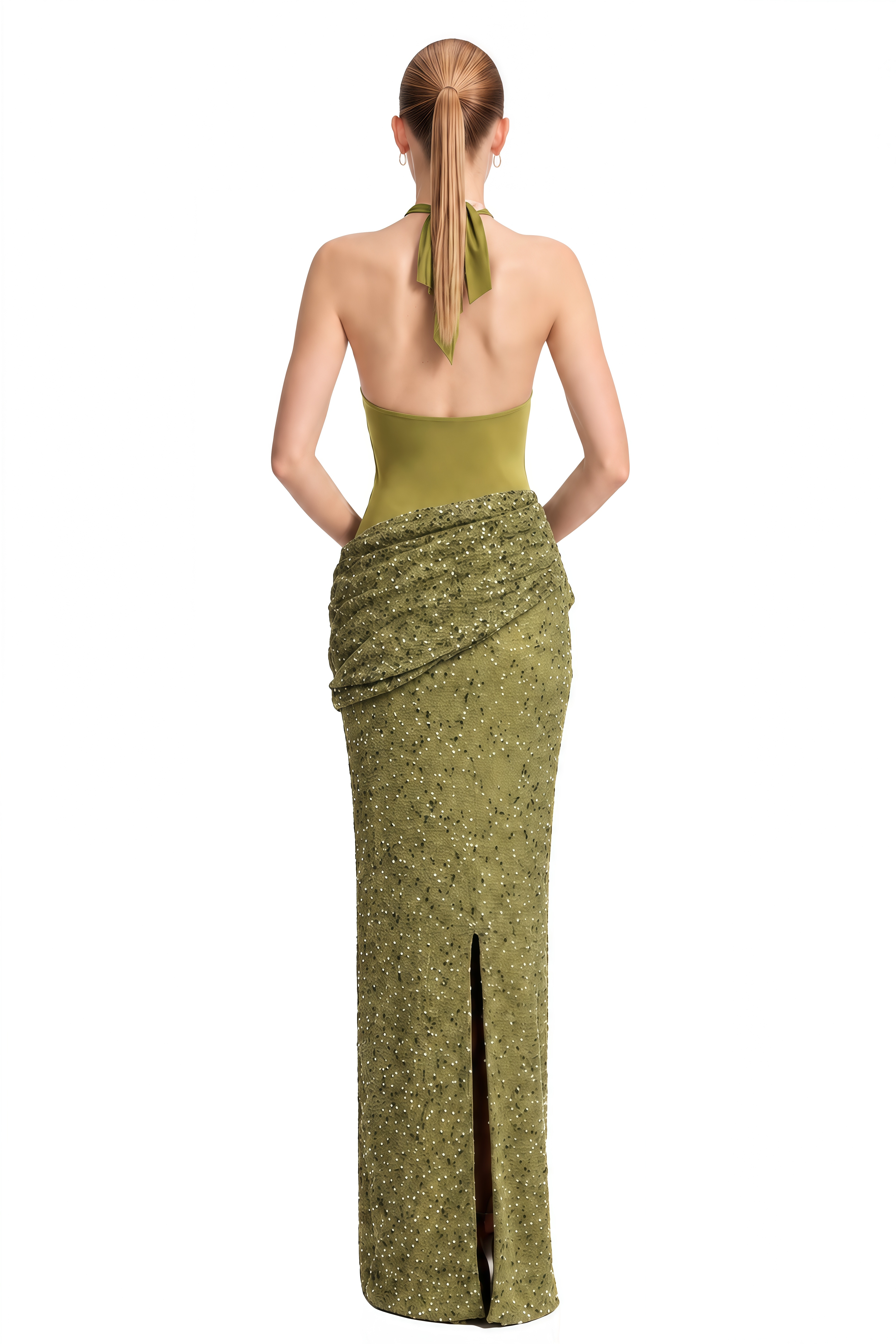 Emerson Olive Green Halterneck Sequin Maxi Dress