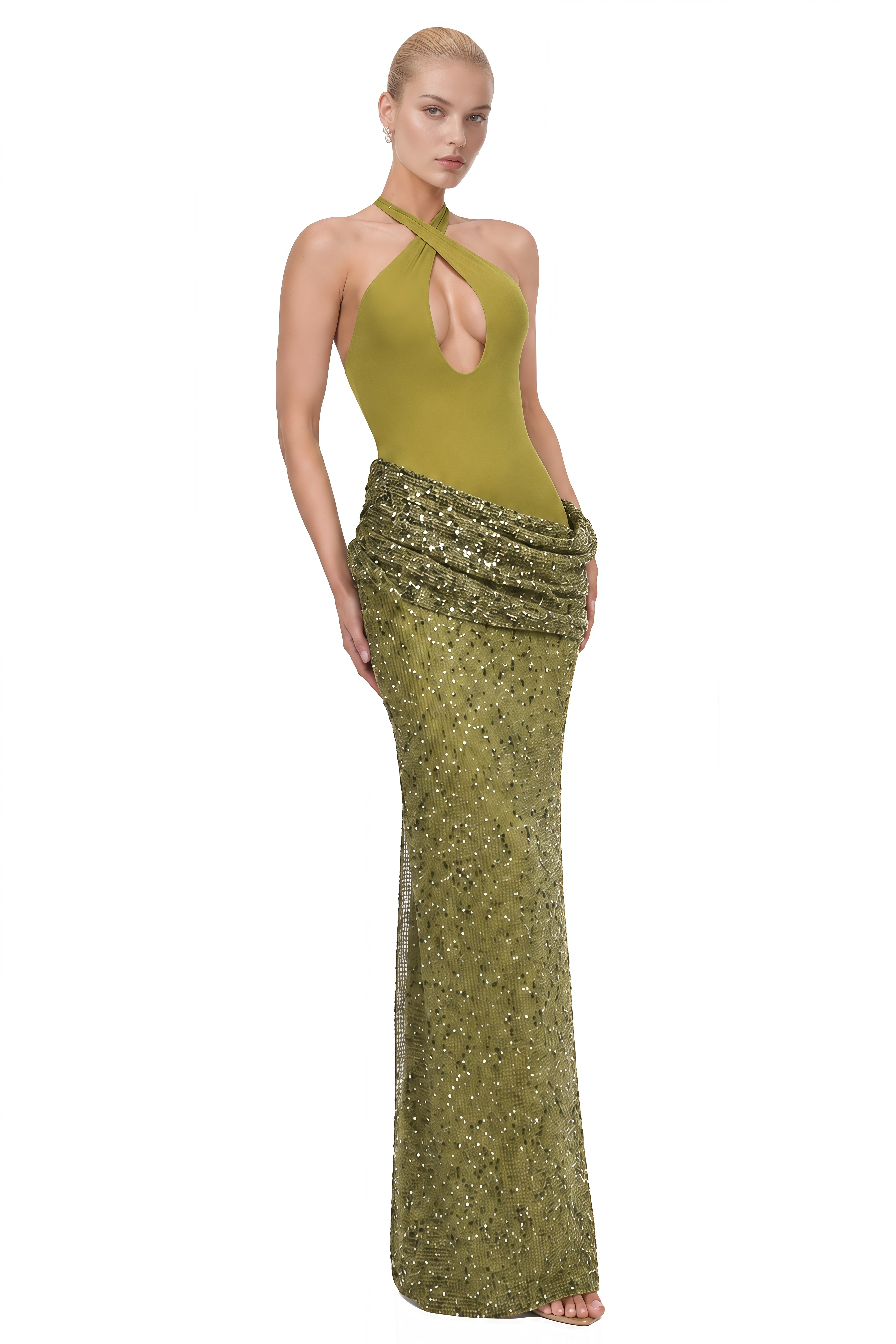 Emerson Olive Green Halterneck Sequin Maxi Dress