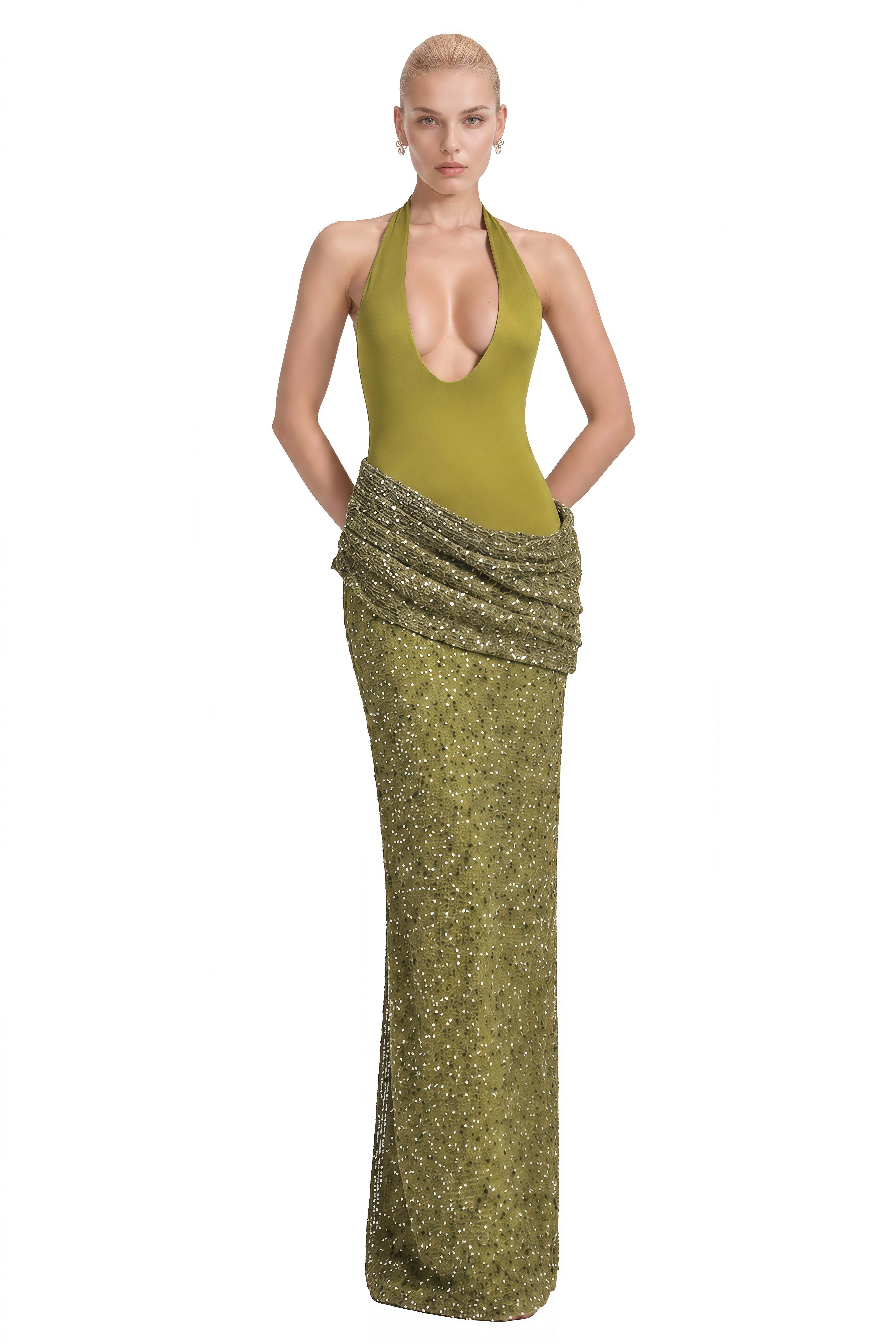 Emerson Olive Green Halterneck Sequin Maxi Dress