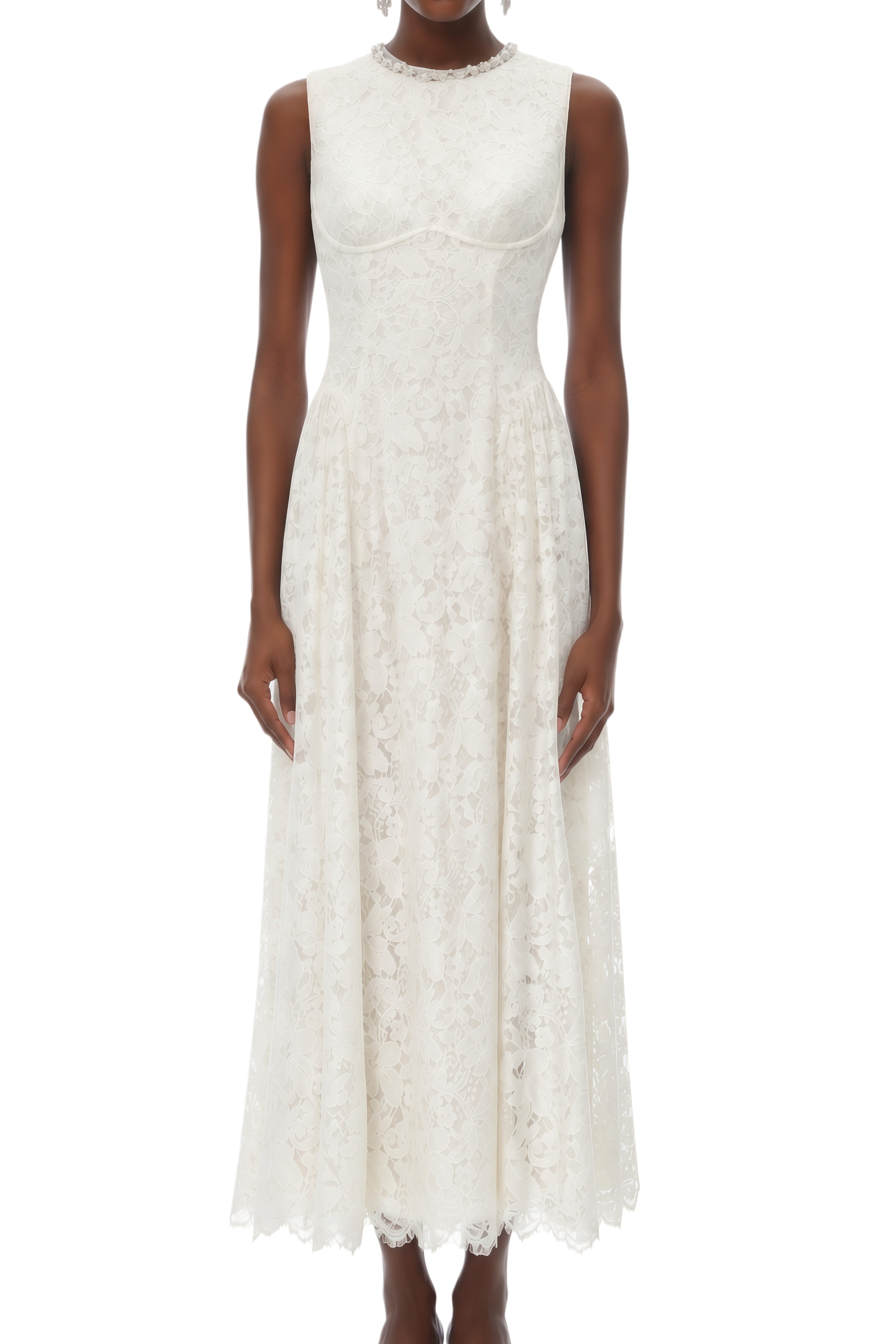 Estelle White Lace Crystal Trim Midi Dress