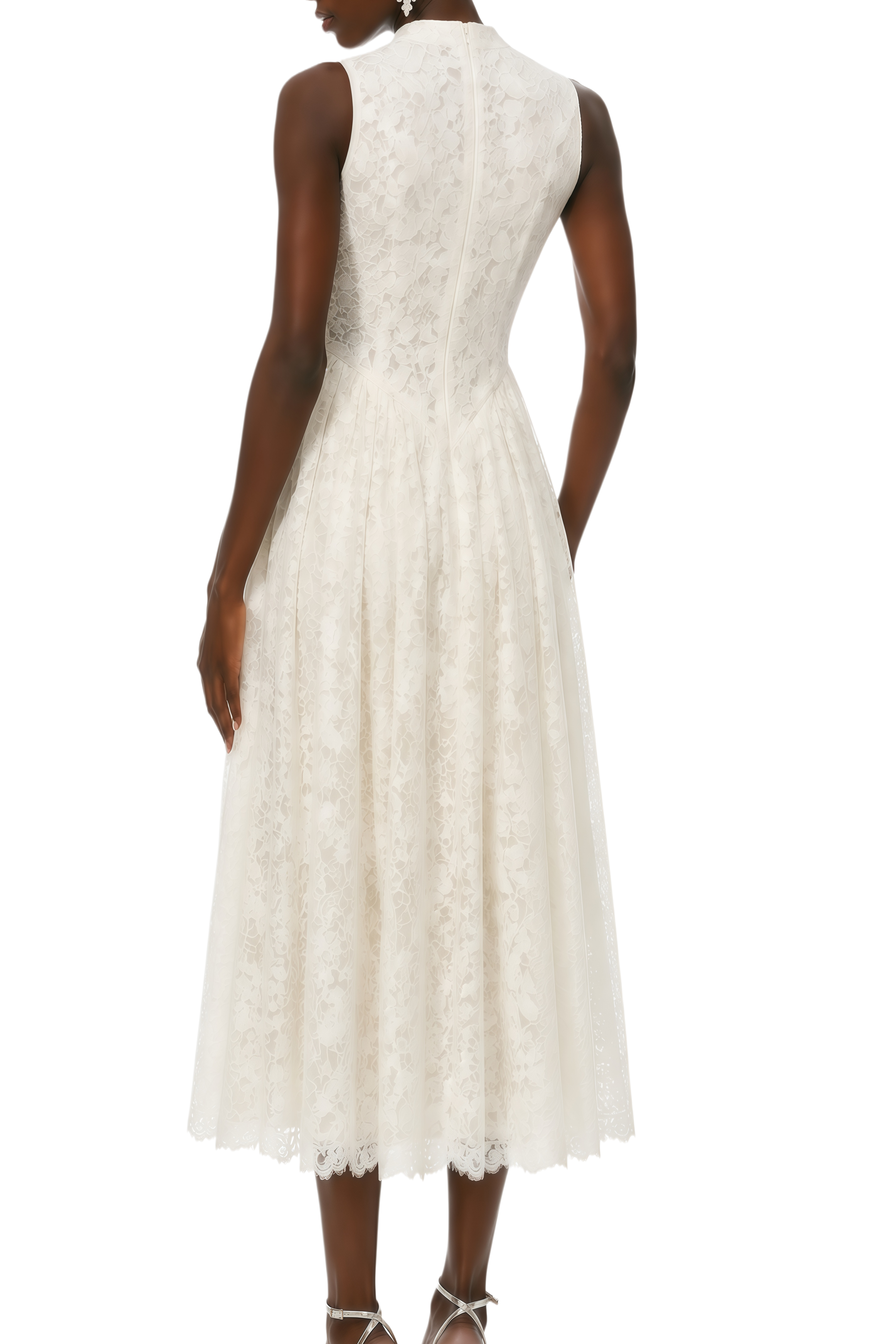 Estelle White Lace Crystal Trim Midi Dress