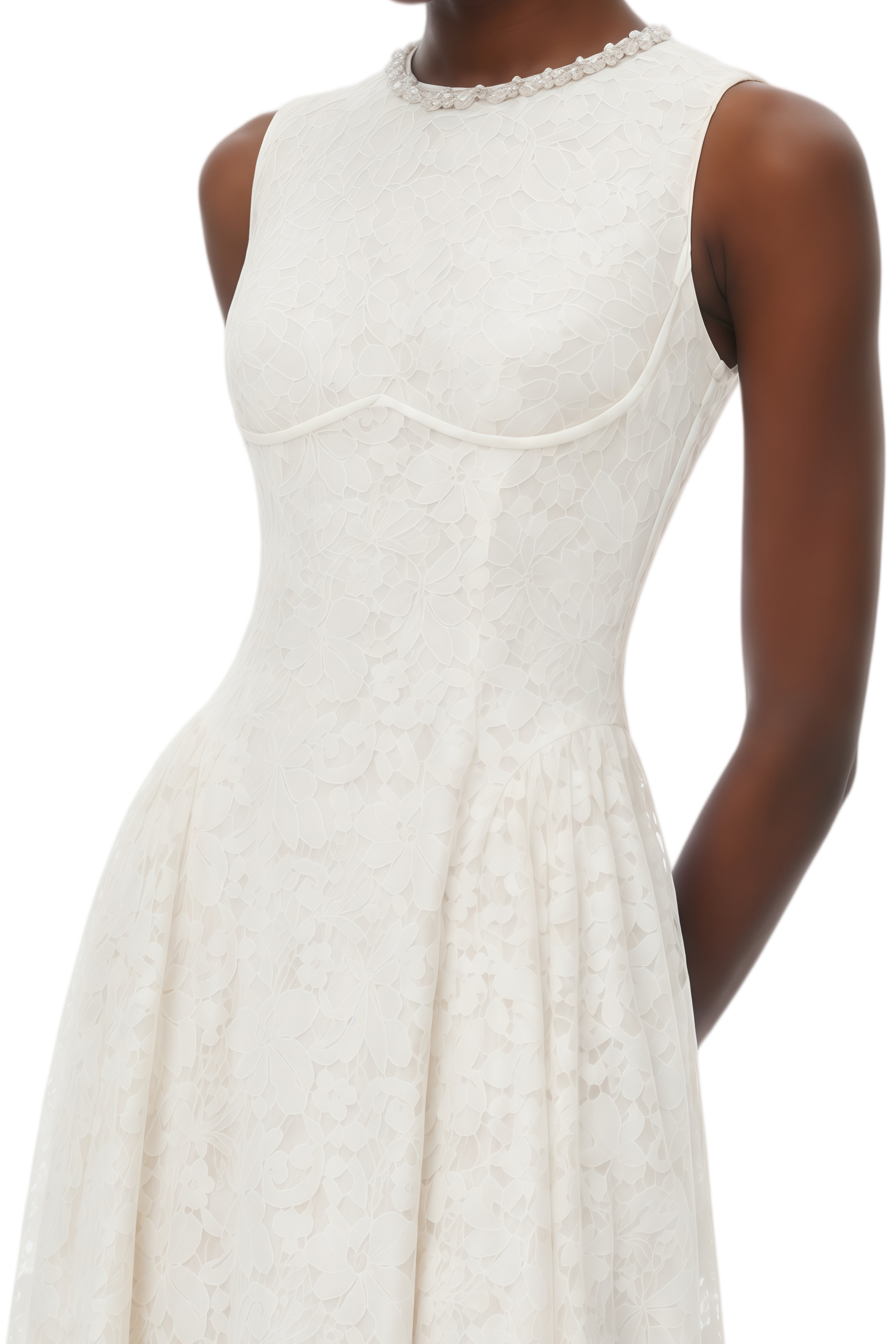 Estelle White Lace Crystal Trim Midi Dress