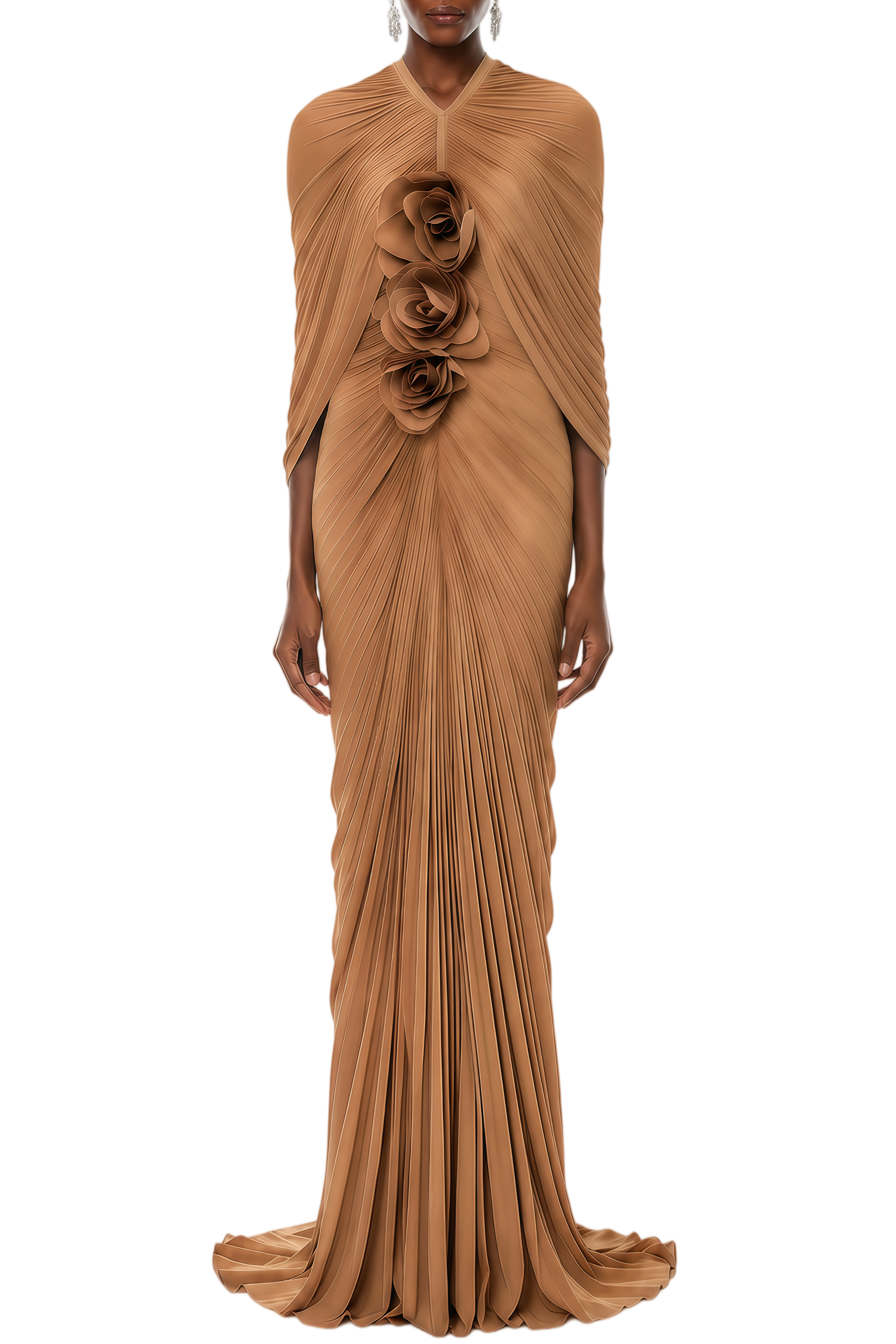 Freda Camel Pleated Cape & 3D Floral Appliqué Dress Set