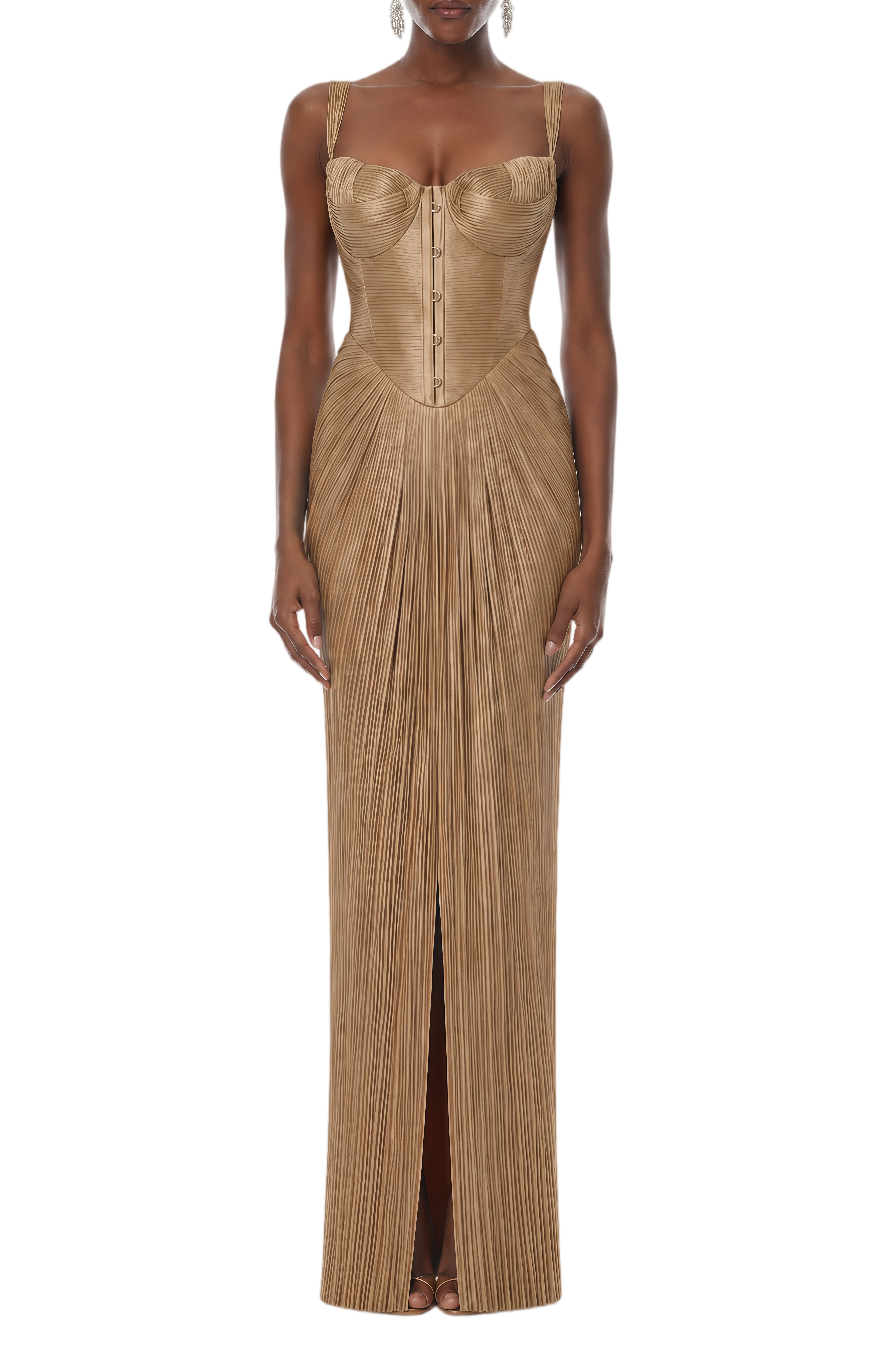 Frederica Gold Glossy Pleated Corset Maxi Dress