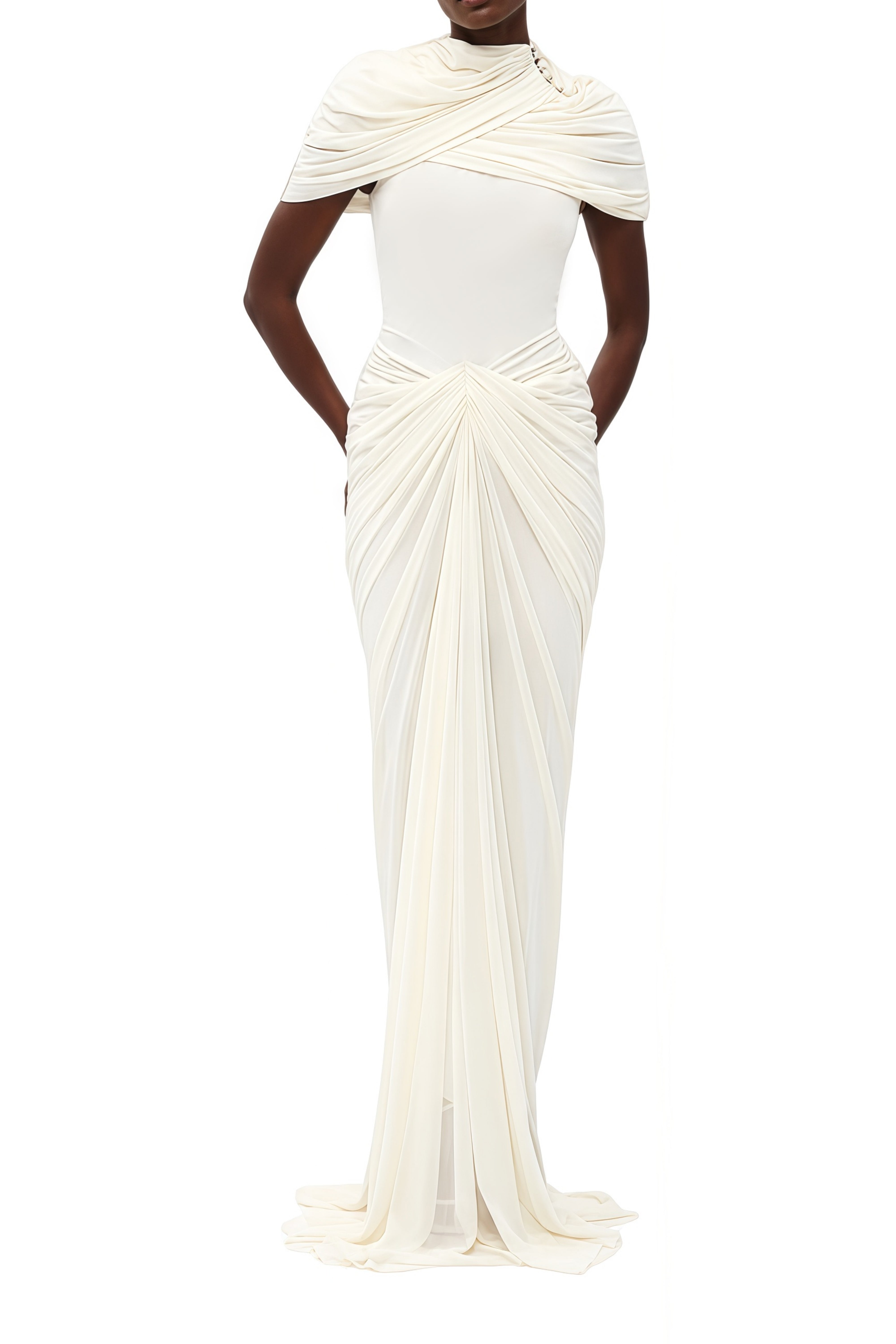 Genevieve White Turtleneck Draped Maxi Dress