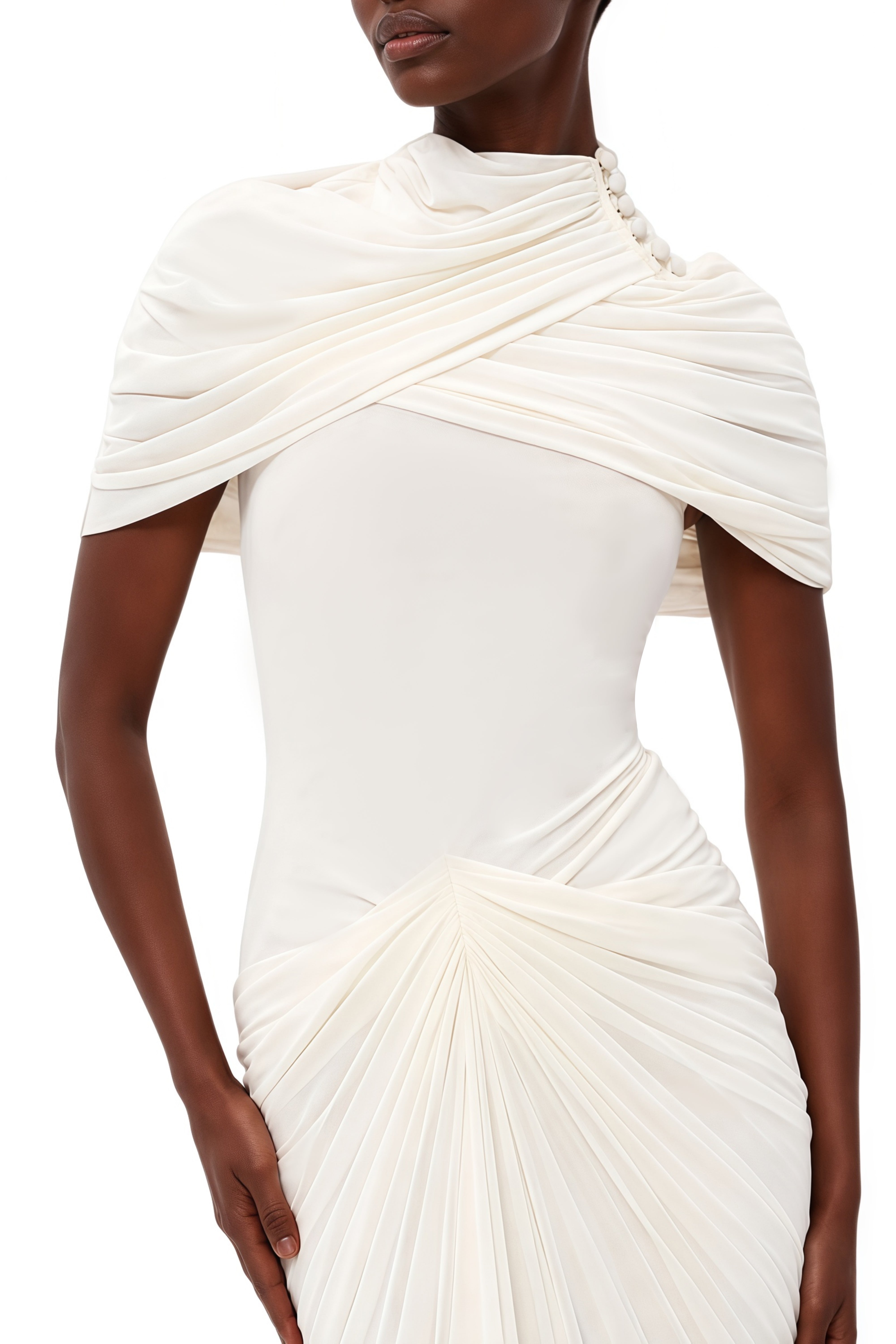 Genevieve White Turtleneck Draped Maxi Dress