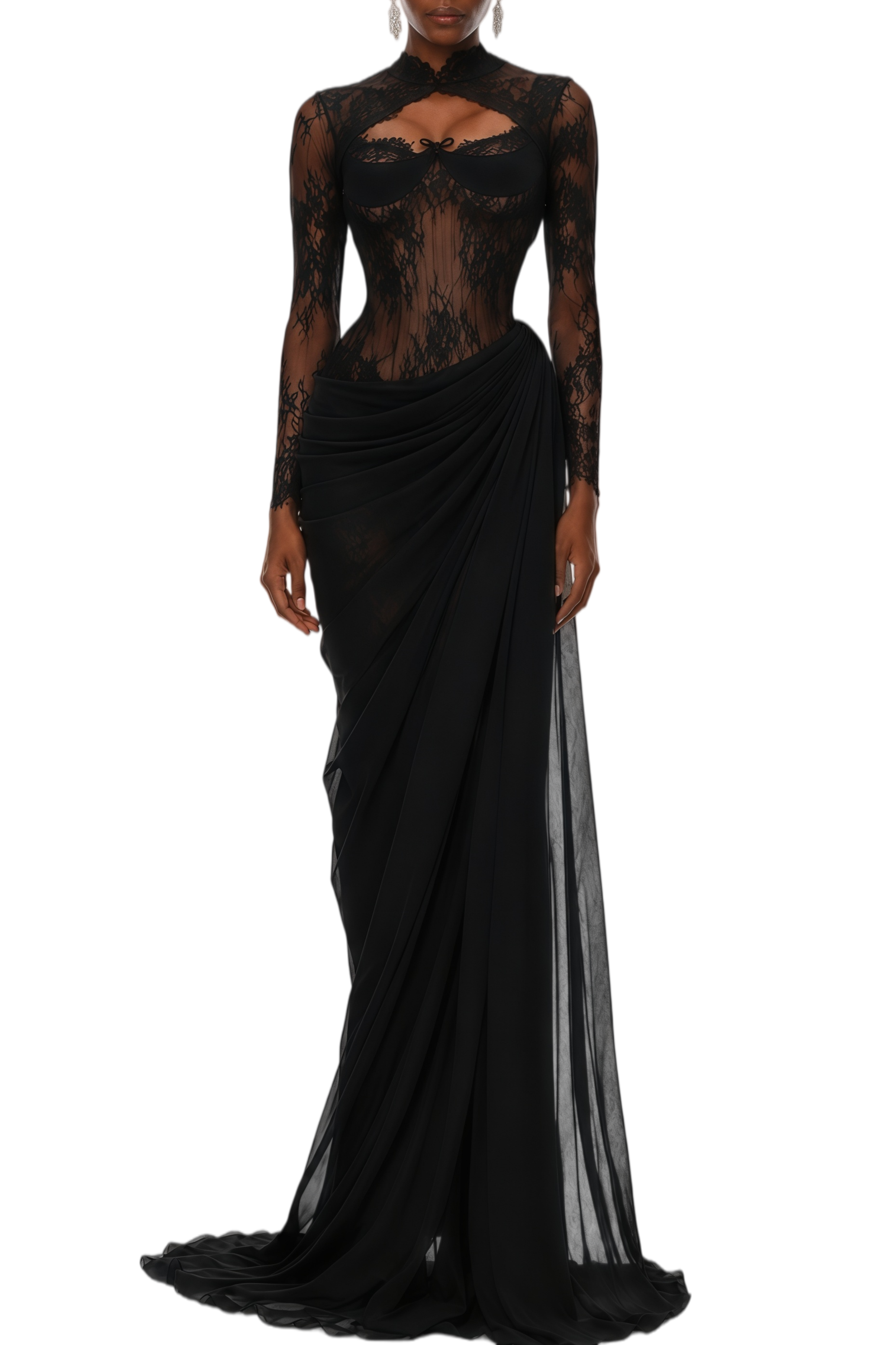 Helena Black Asymmetrical Mesh Maxi Dress