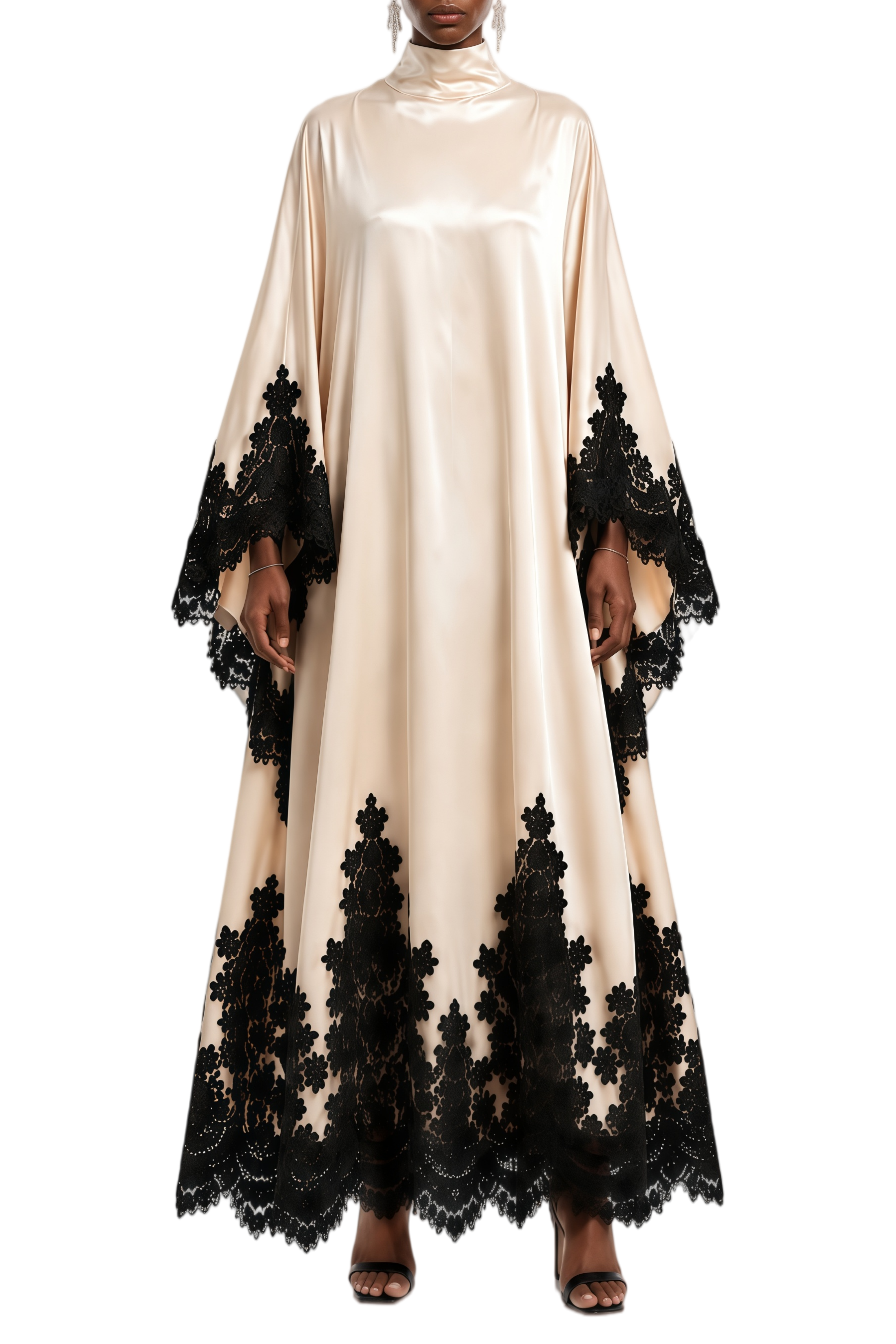 Imogen Neutral Turtleneck Lace Panel Maxi Dress