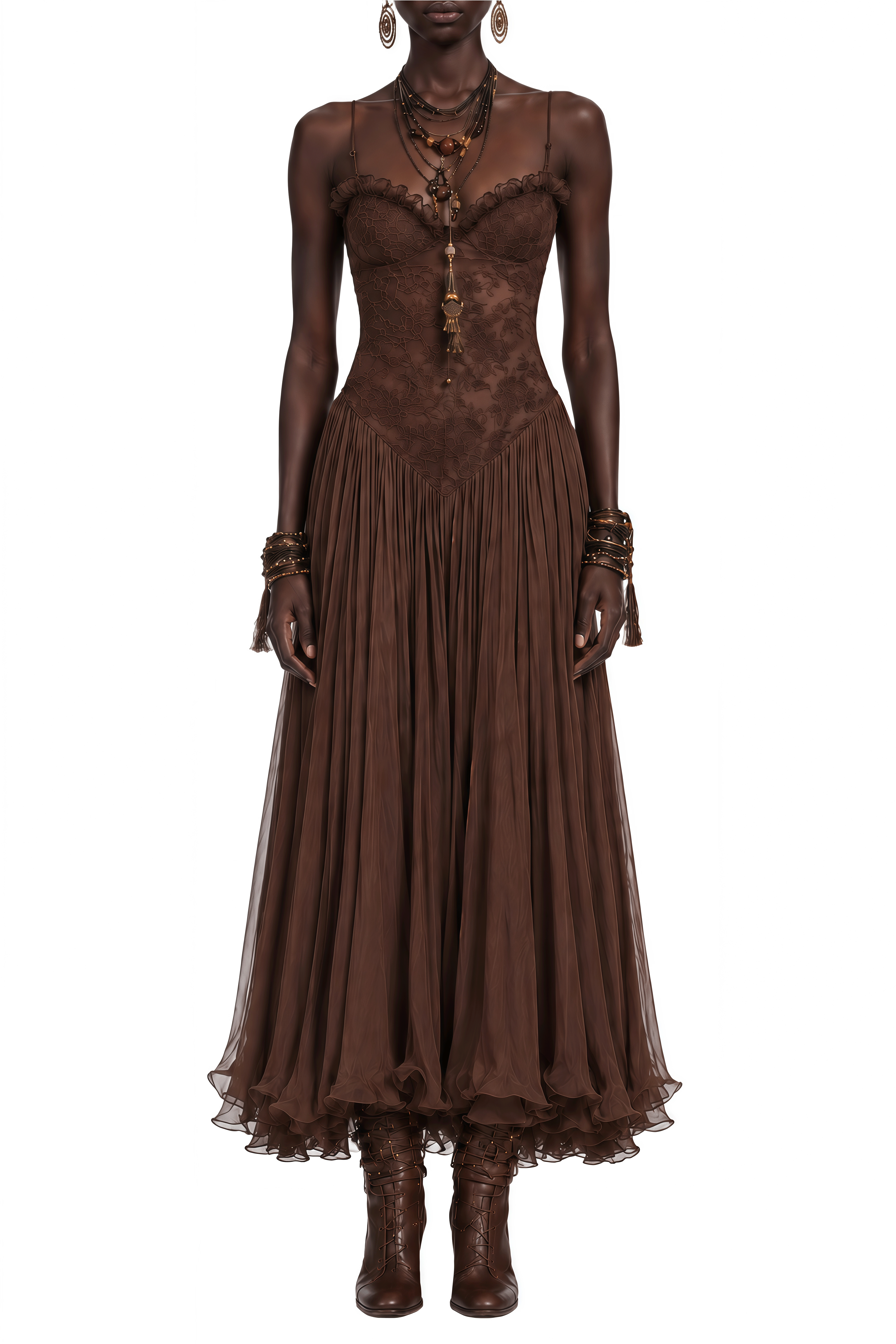 Isadora Brown Sleeveless Lace Maxi Dress