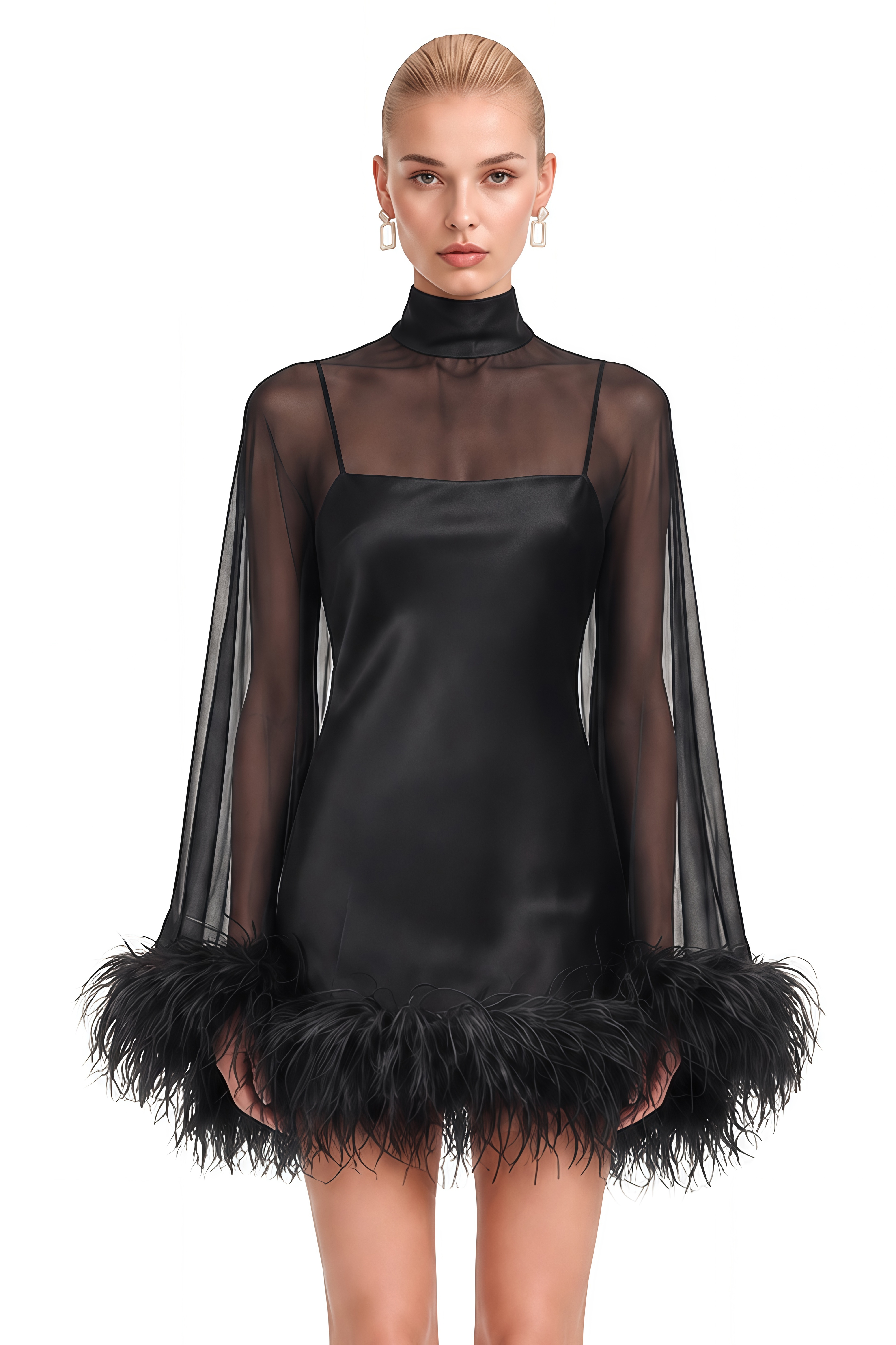 Ivy Black Turtleneck Feather-Trim Mini Dress