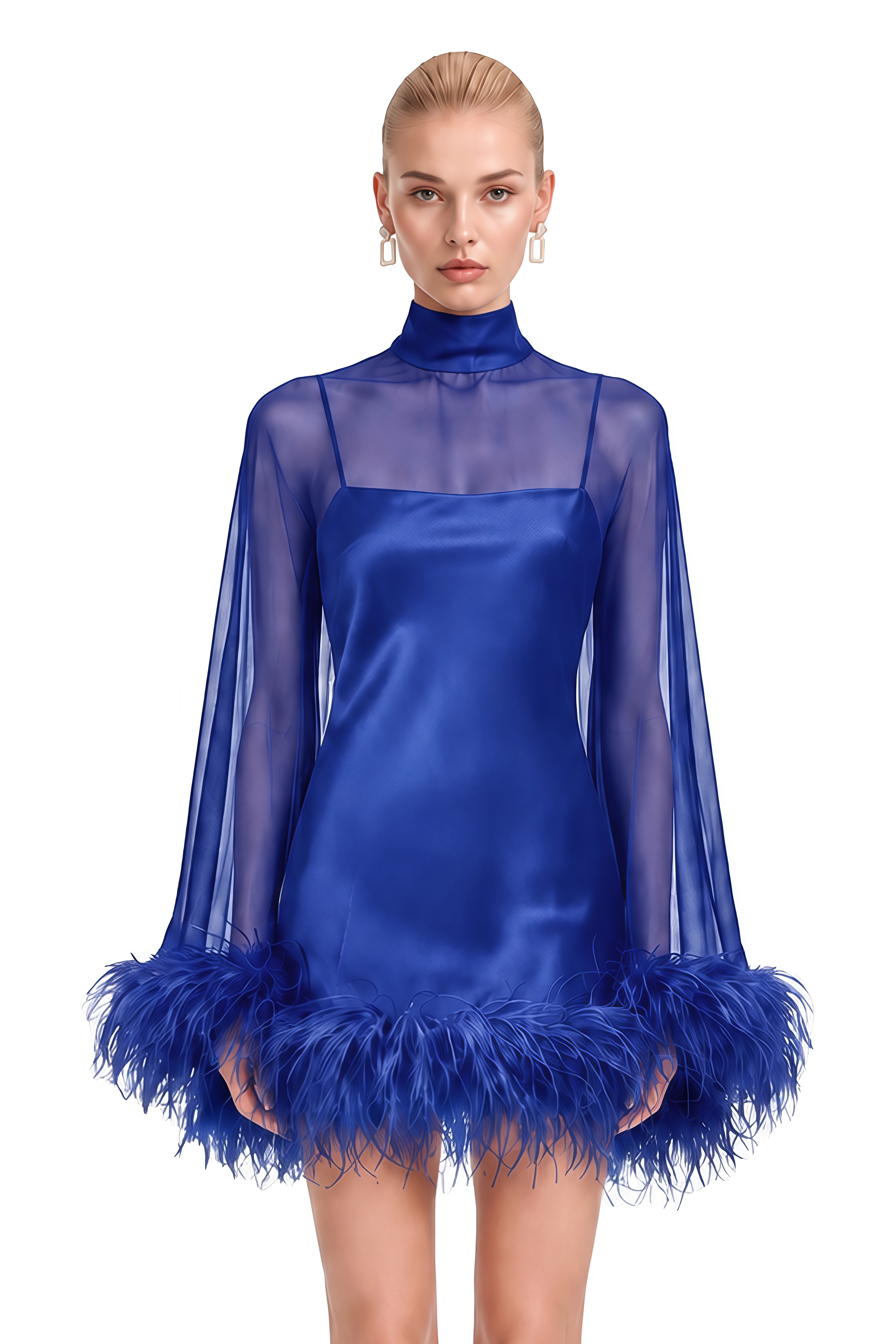 Ivy Blue Turtleneck Feather-Trim Mini Dress