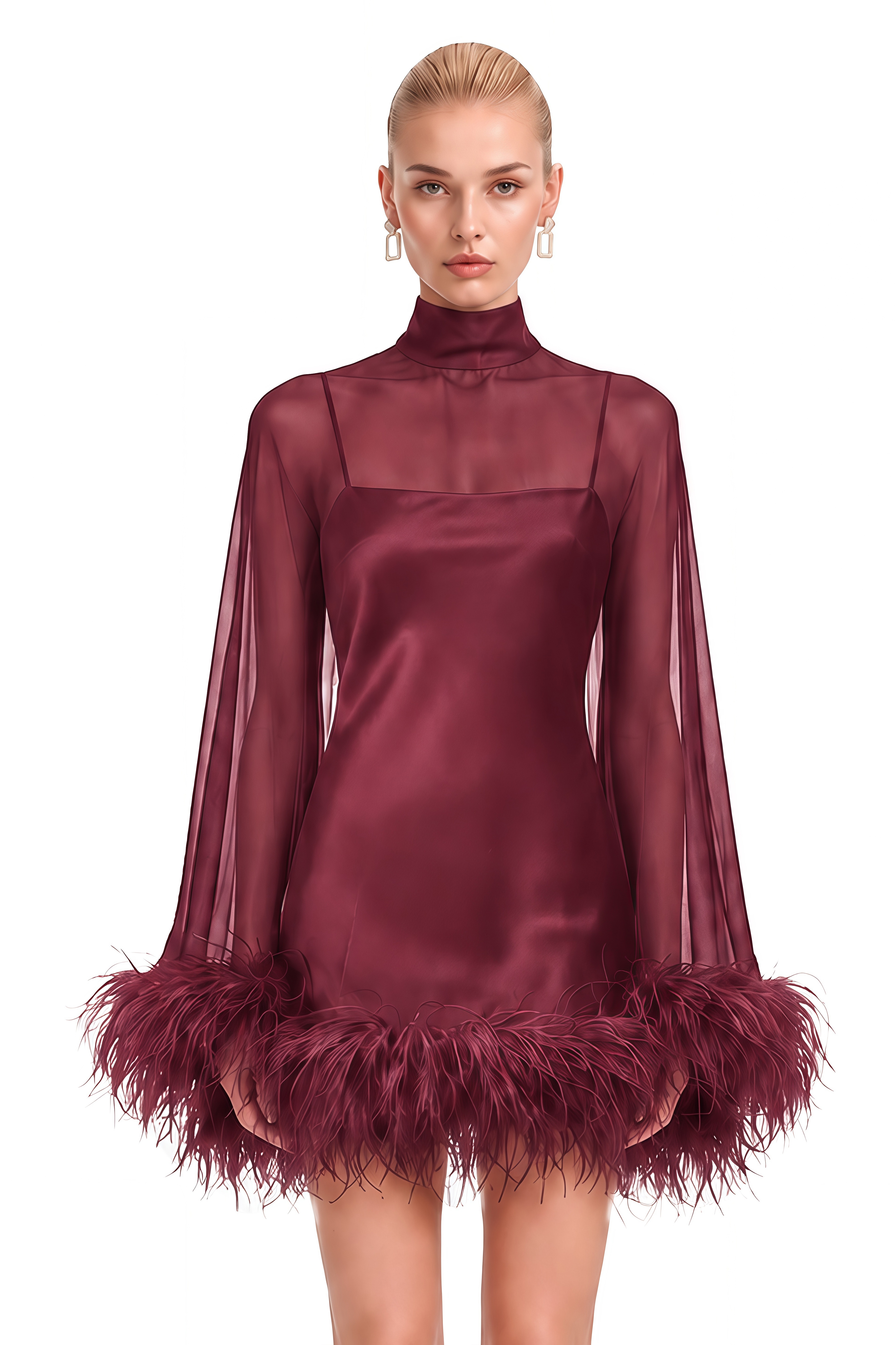 Ivy Red Turtleneck Feather-Trim Mini Dress