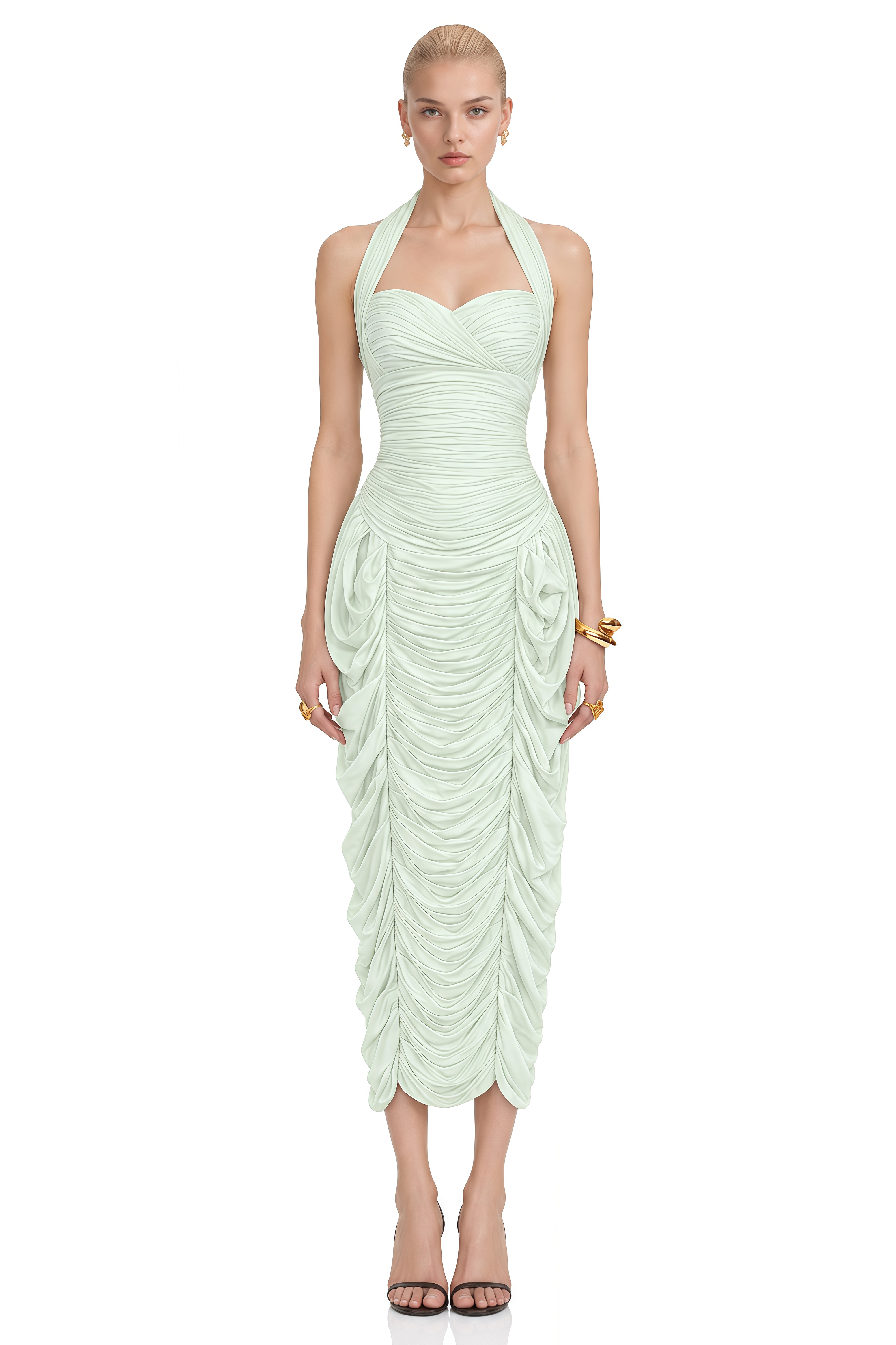 Luna Light Green Halterneck Ruched Midi Dress
