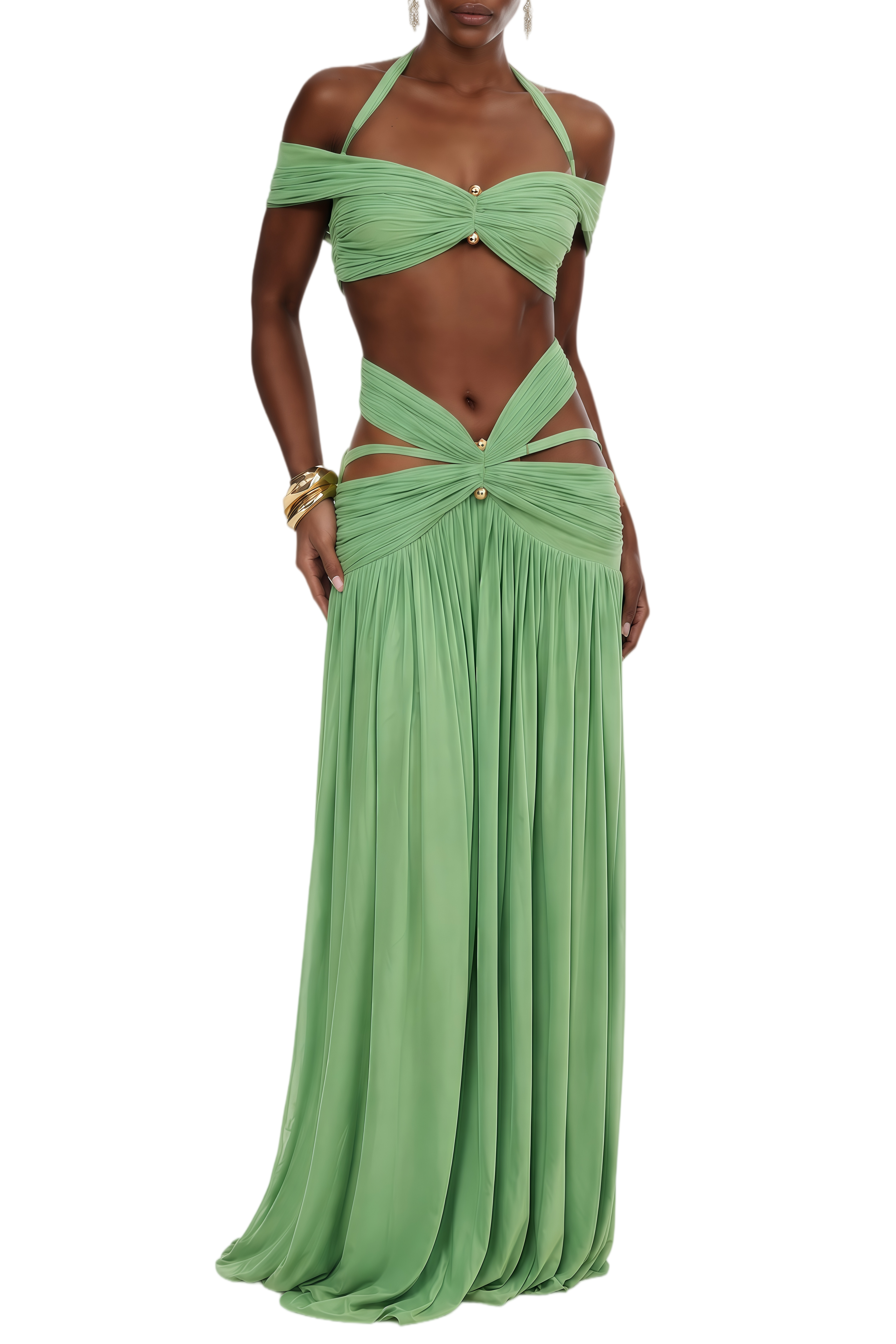 Lydia Sage Green Cut-out Pleated Top & Skirt Set