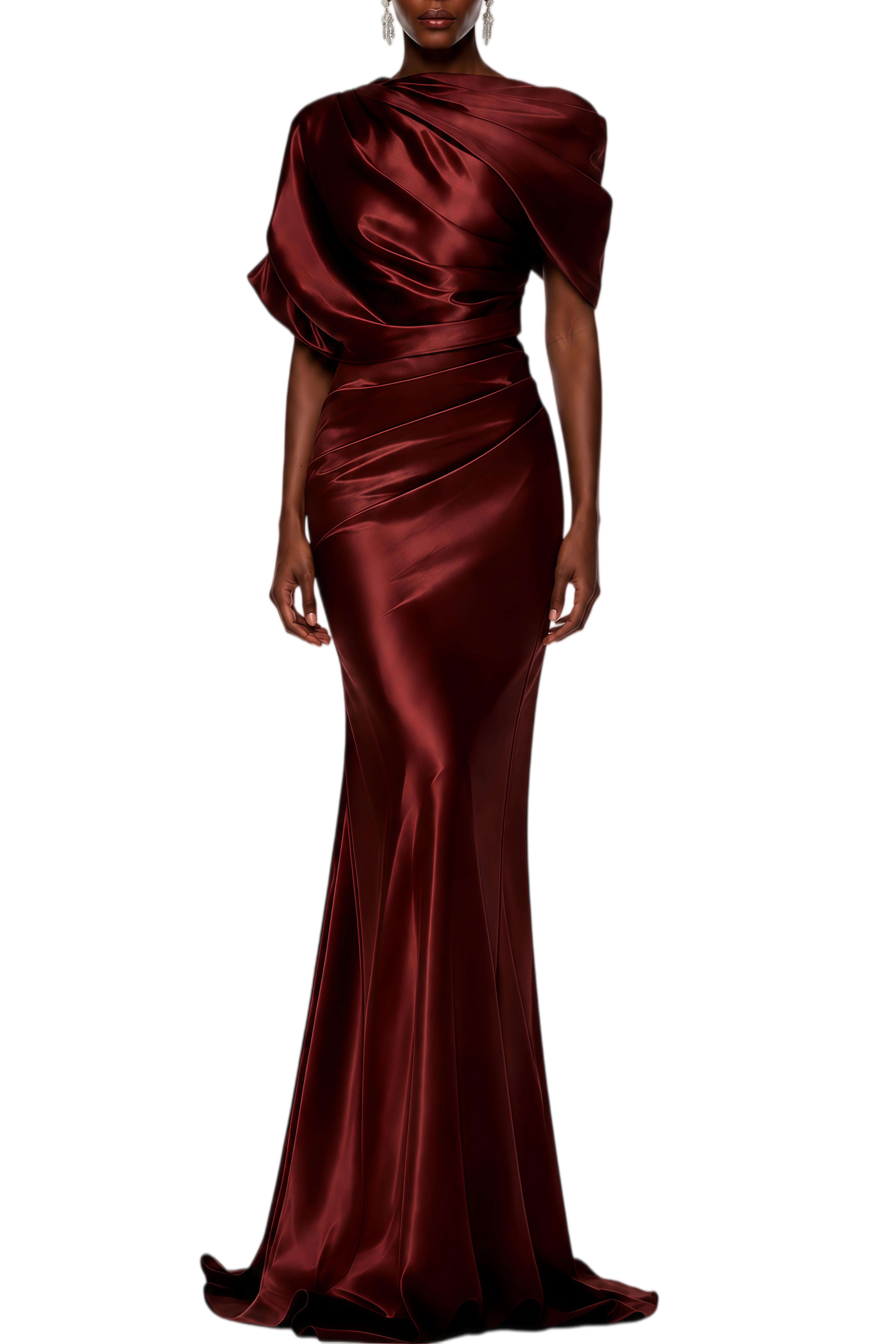 Maggie Brown Asymmetrical Gathered Satin Maxi Dress