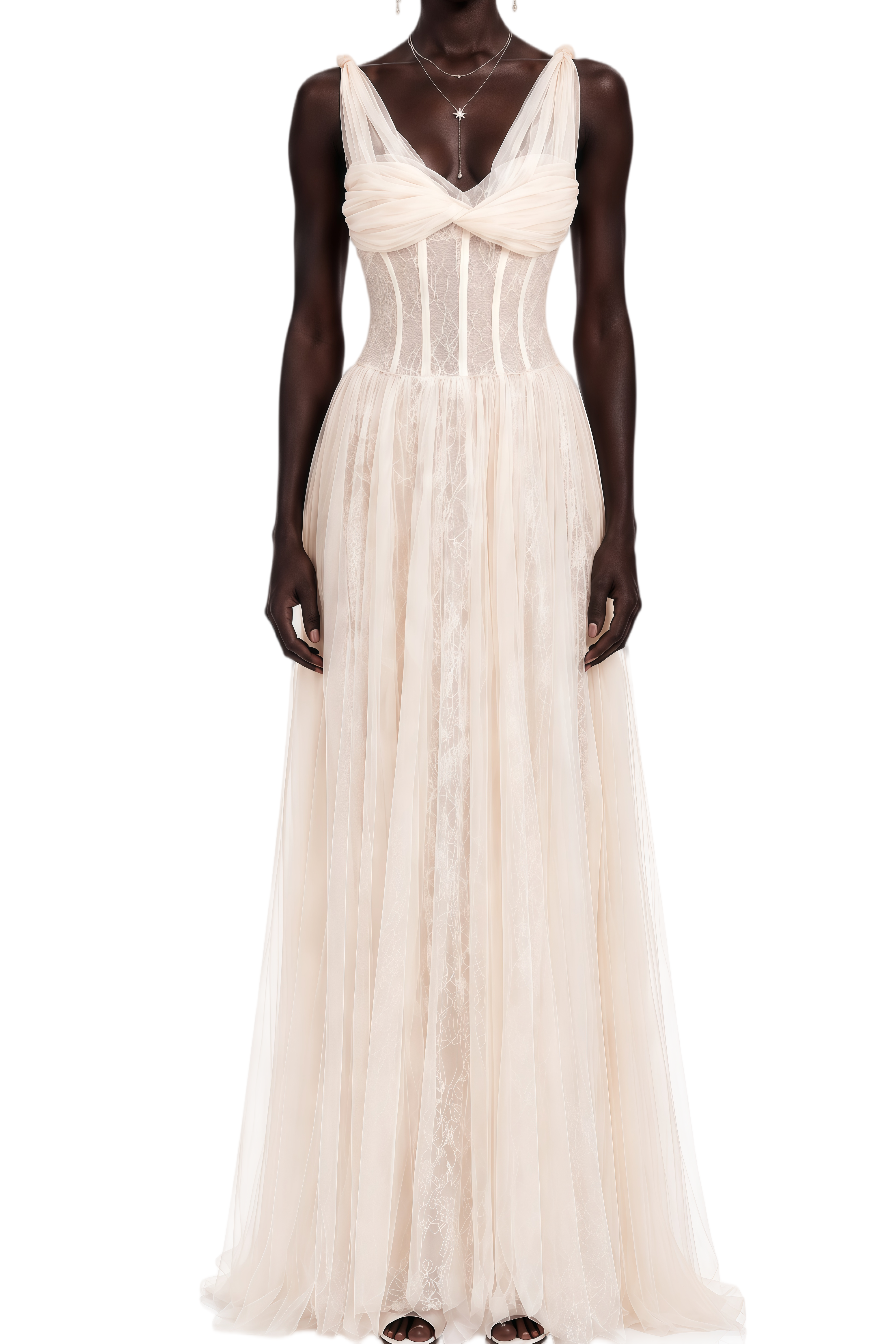 Melissa Neutral Lace Panel Pleated Maxi Dress
