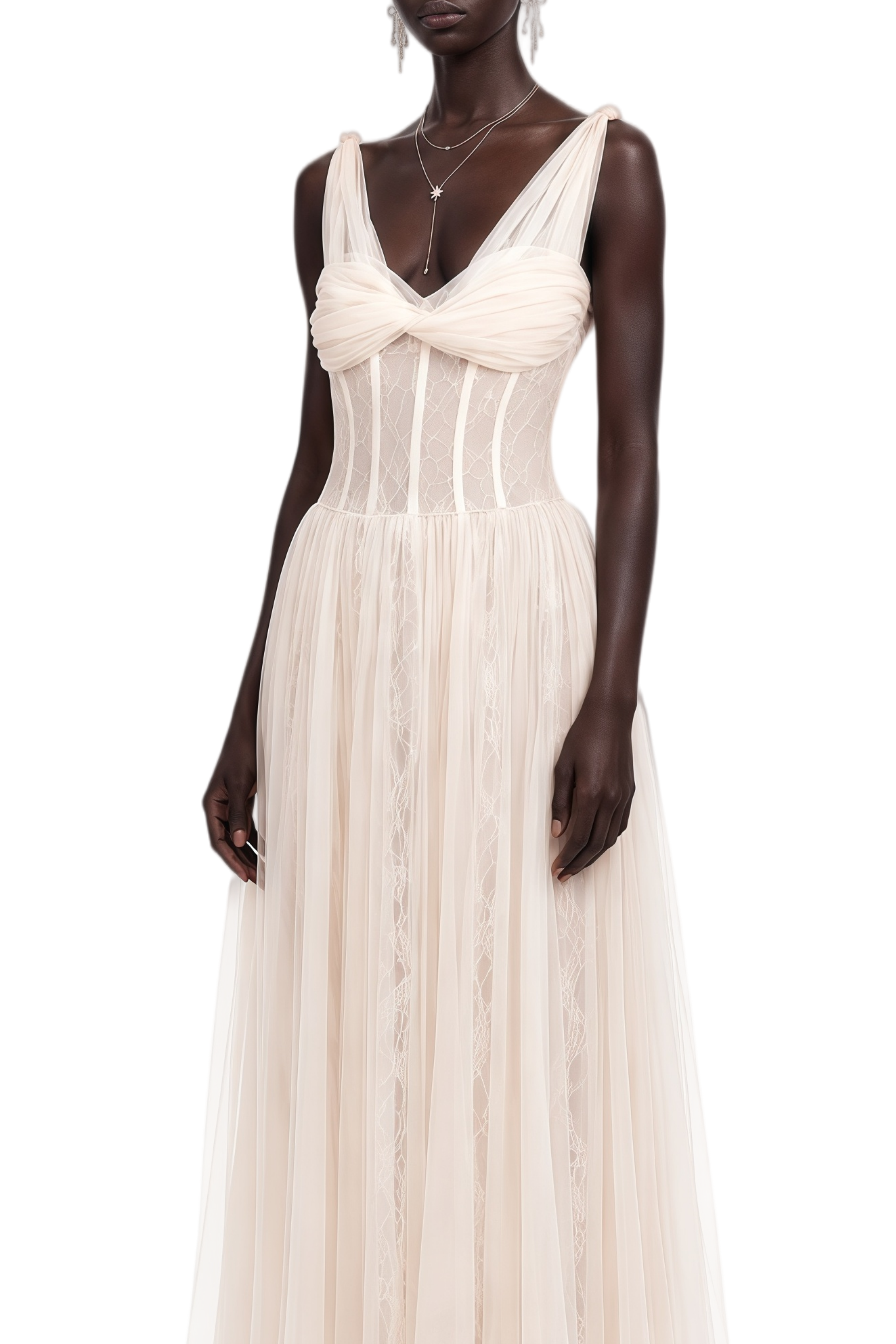 Melissa Neutral Lace Panel Pleated Maxi Dress