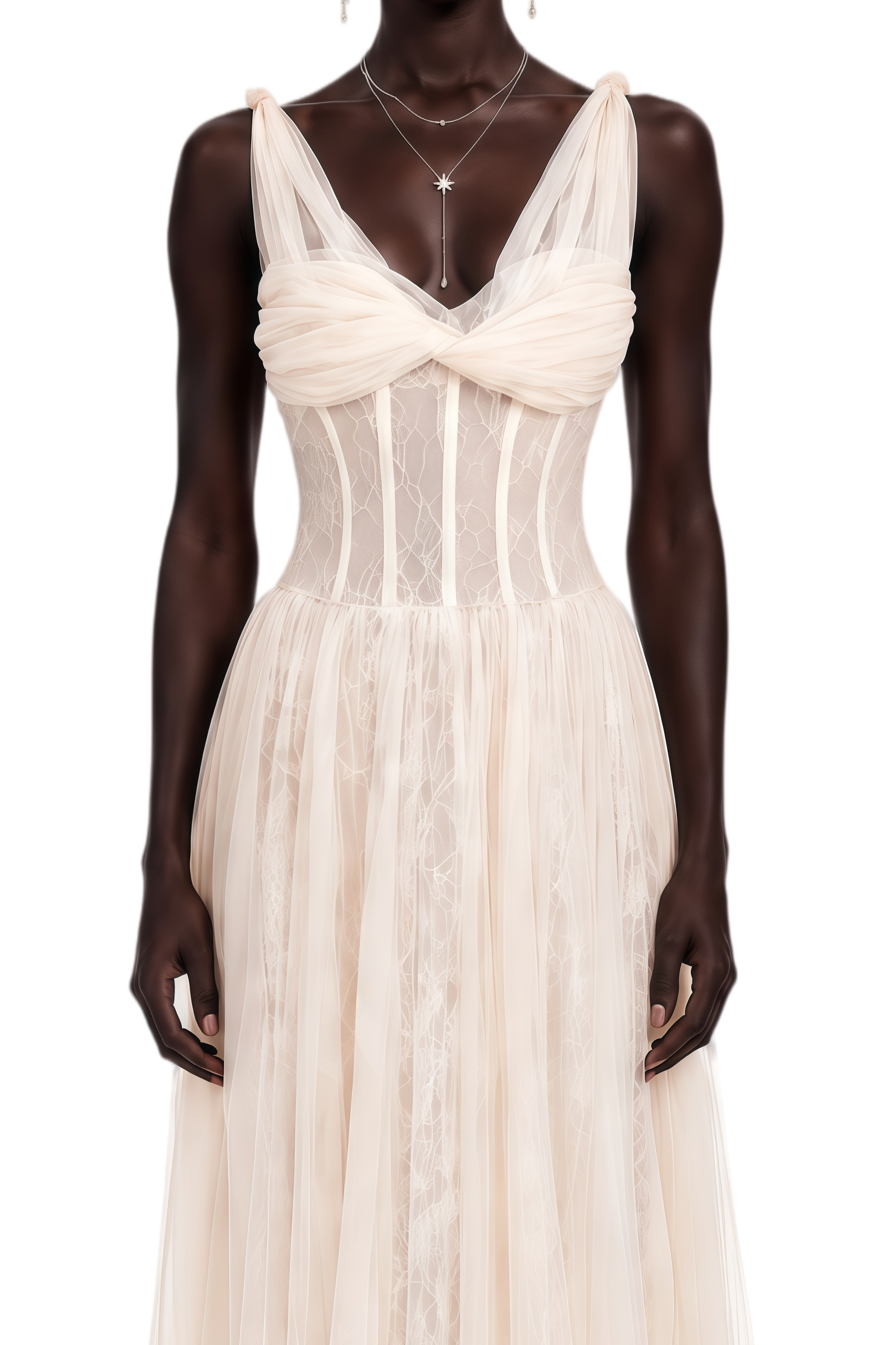 Melissa Neutral Lace Panel Pleated Maxi Dress