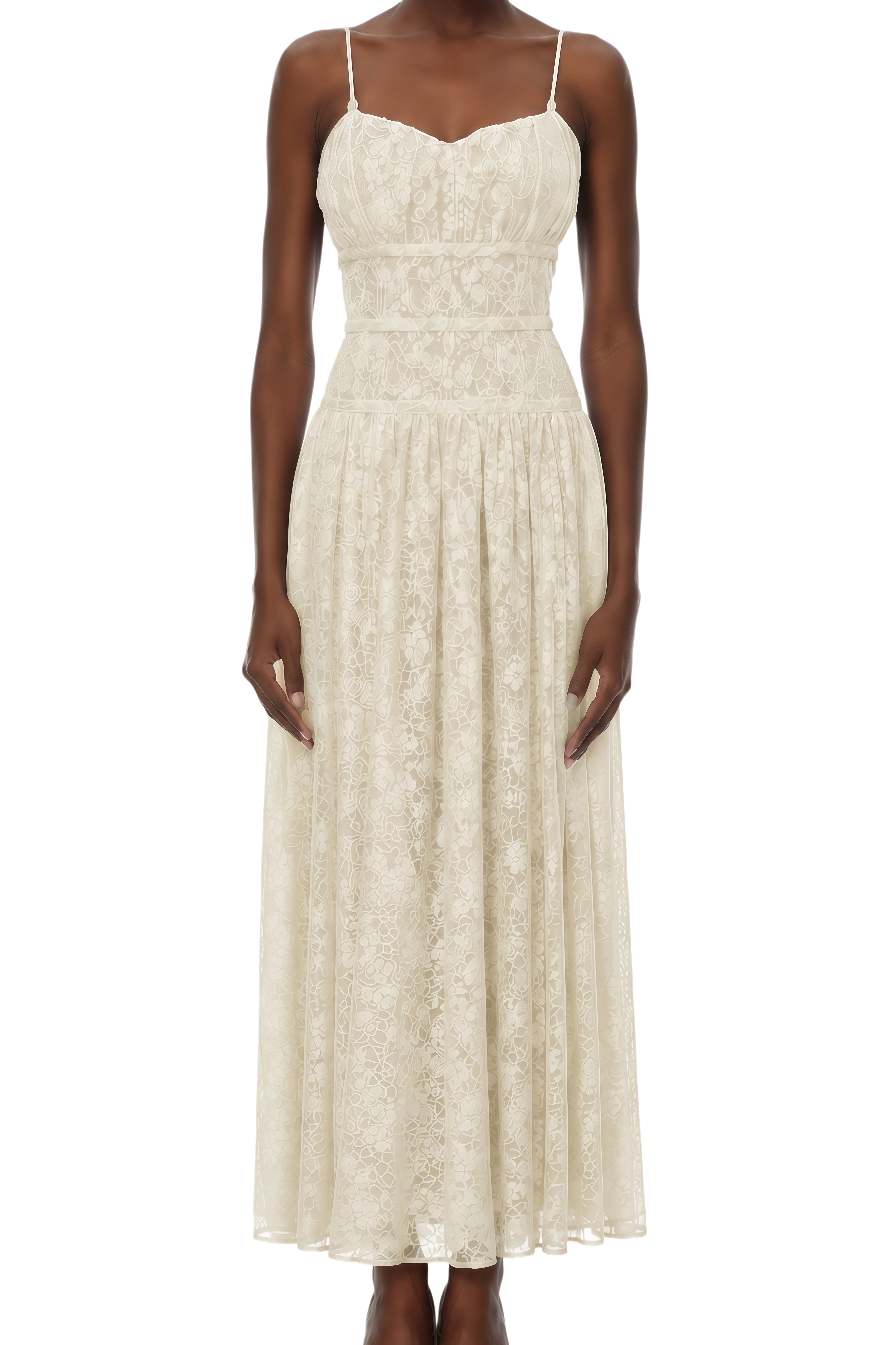 Mireille Cream Neutral  Sweetheart Neck Lace Midi Dress