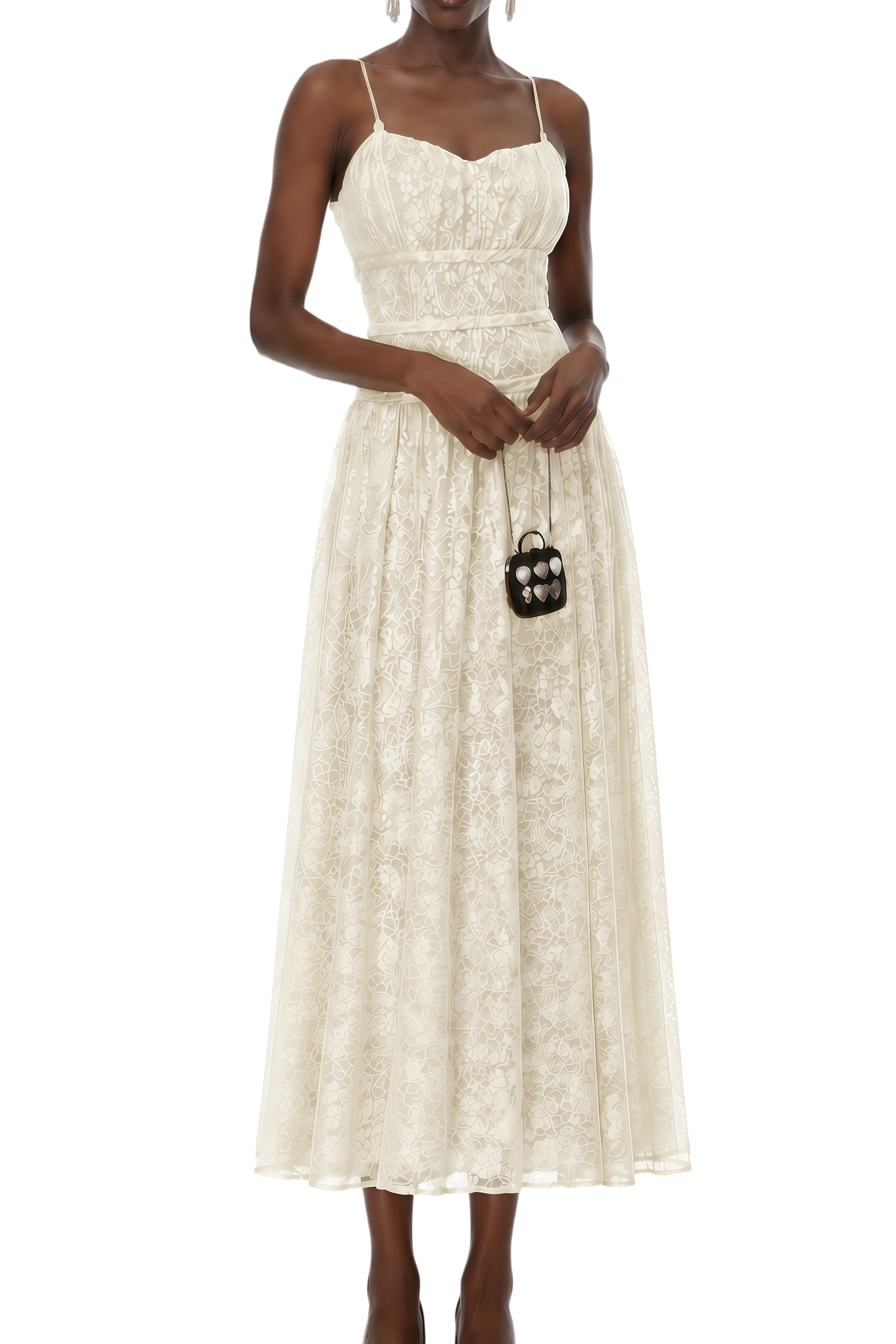 Mireille Cream Neutral  Sweetheart Neck Lace Midi Dress