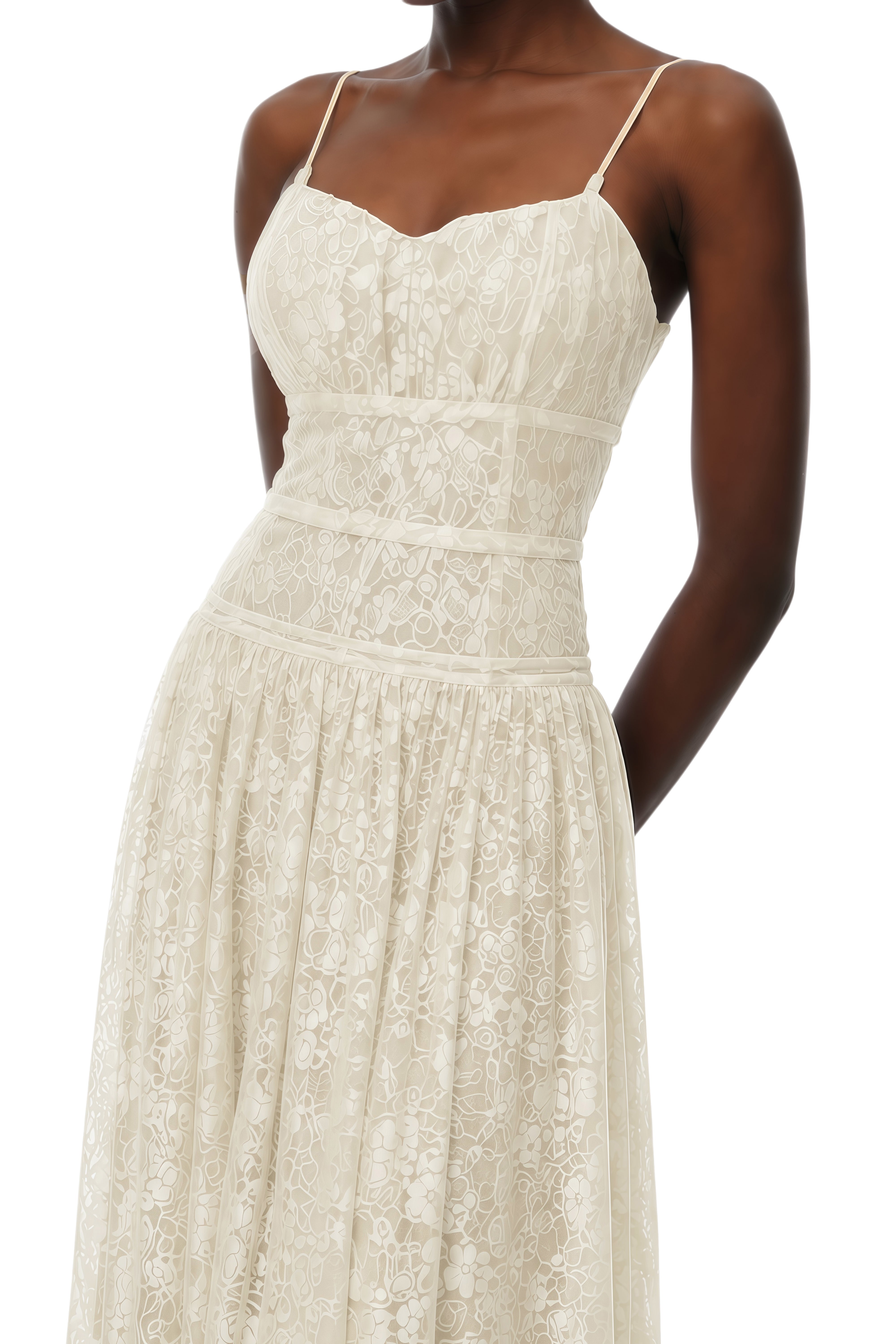 Mireille Cream Neutral  Sweetheart Neck Lace Midi Dress