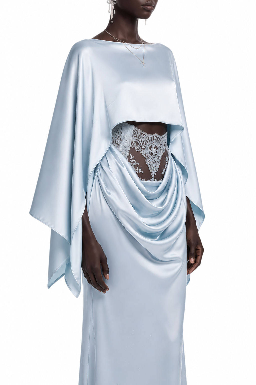 Mireille Light Blue Cut-out Waist Cape Design Top & Skirt Set