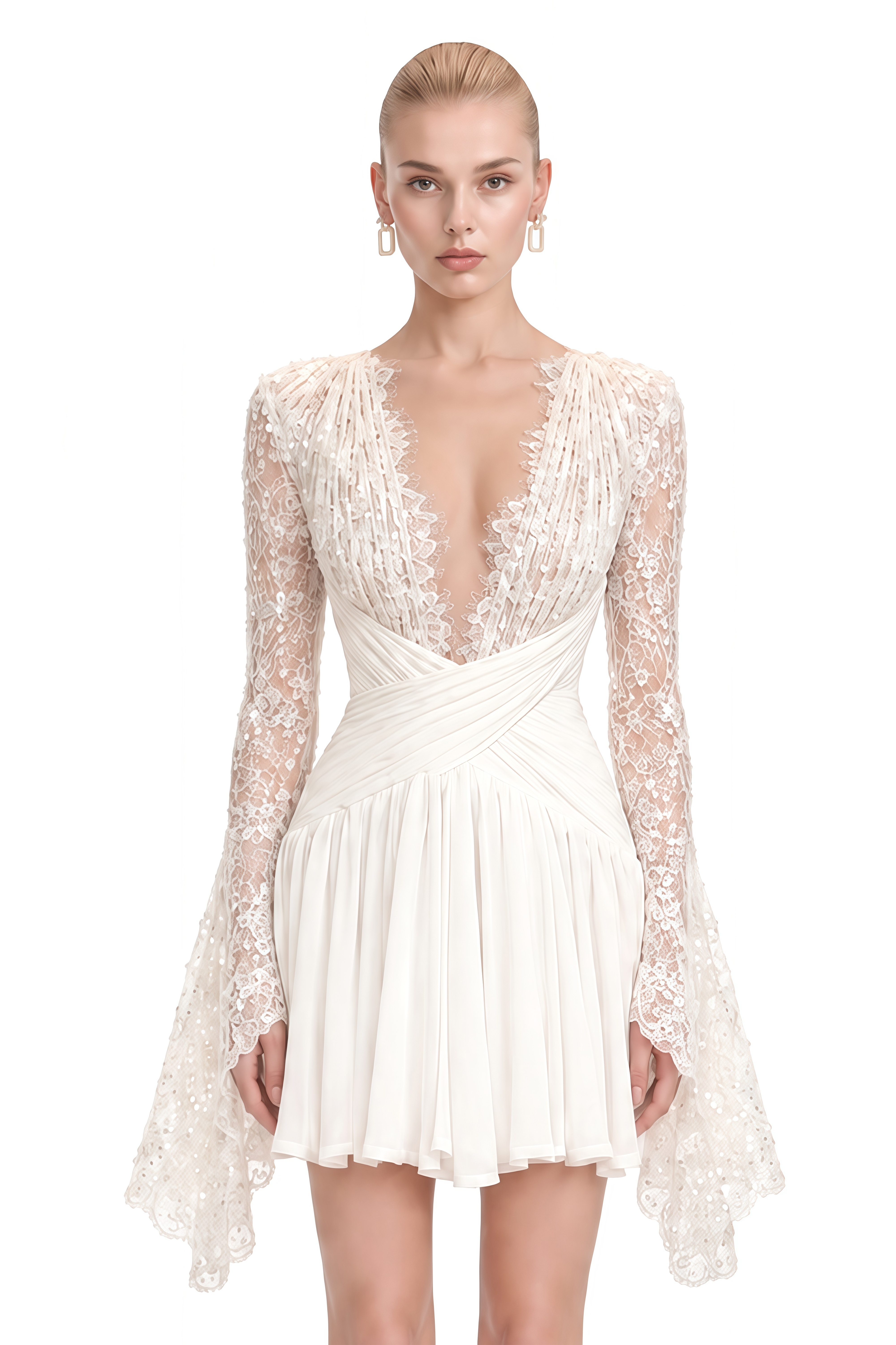 Nerissa White Long Sleeves Pleated Mini Dress