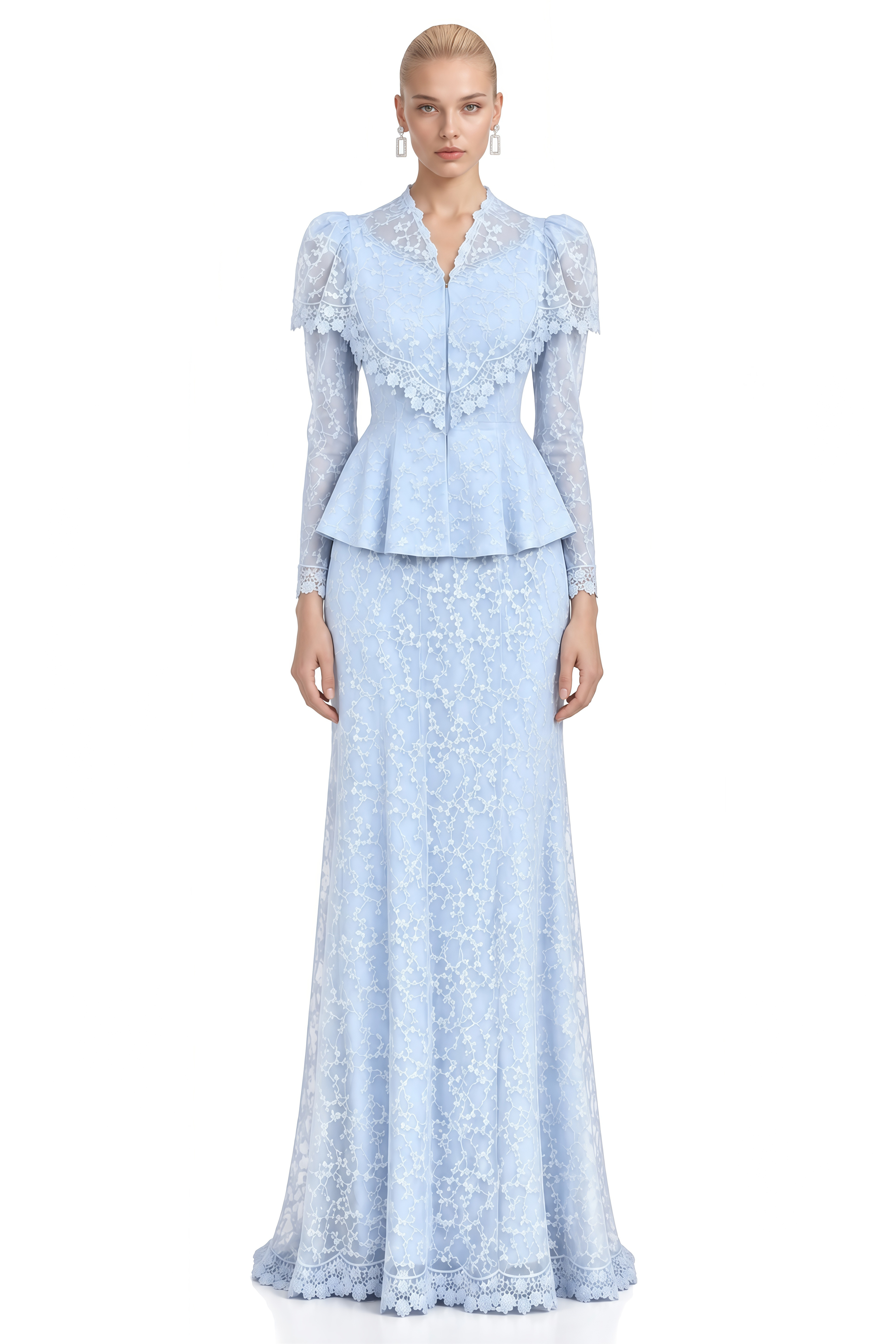 Noelle Light Blue Puff Sleeve Lace Top & Skirt Set