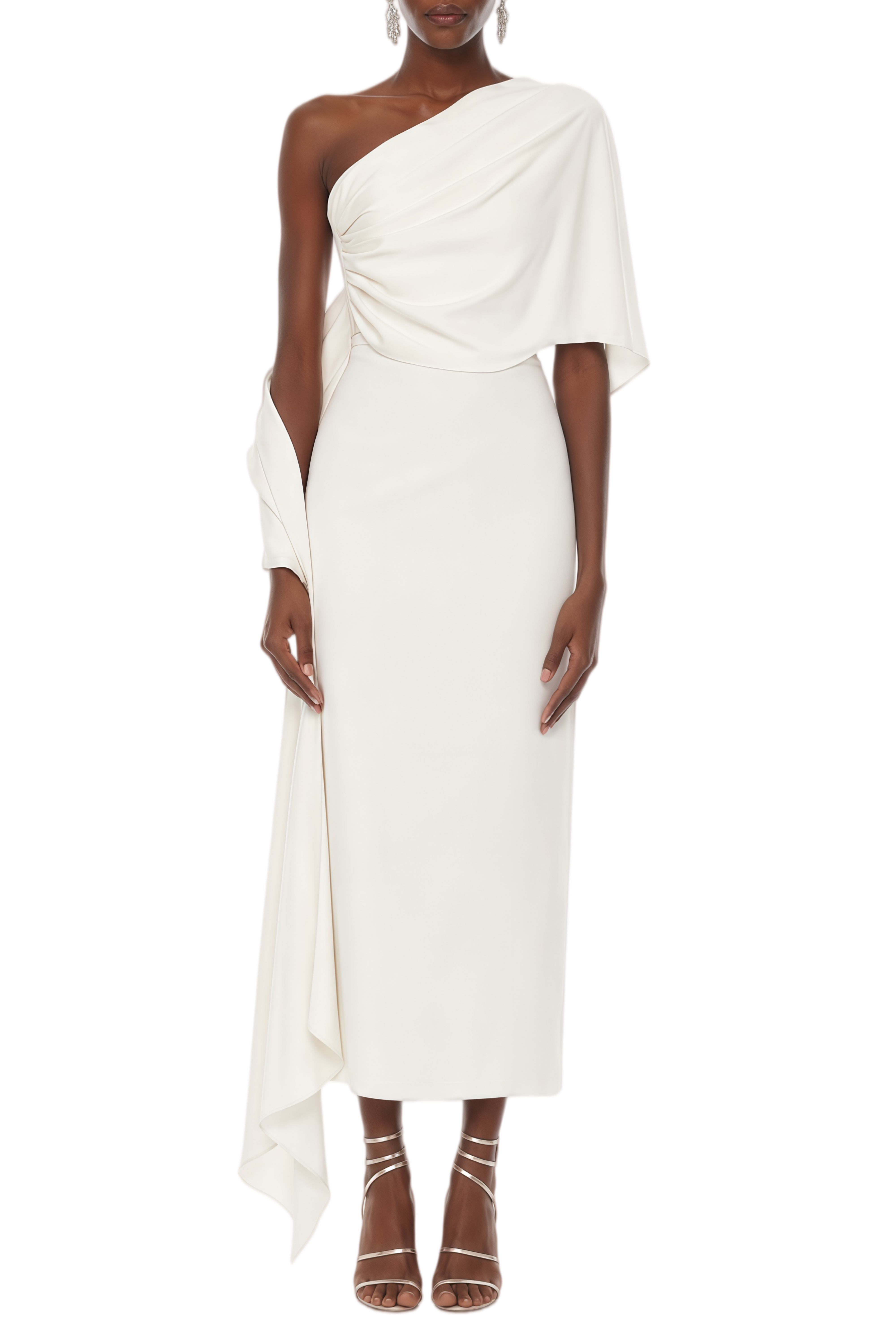 Octavia White One Shoulder Cape Midi Dress