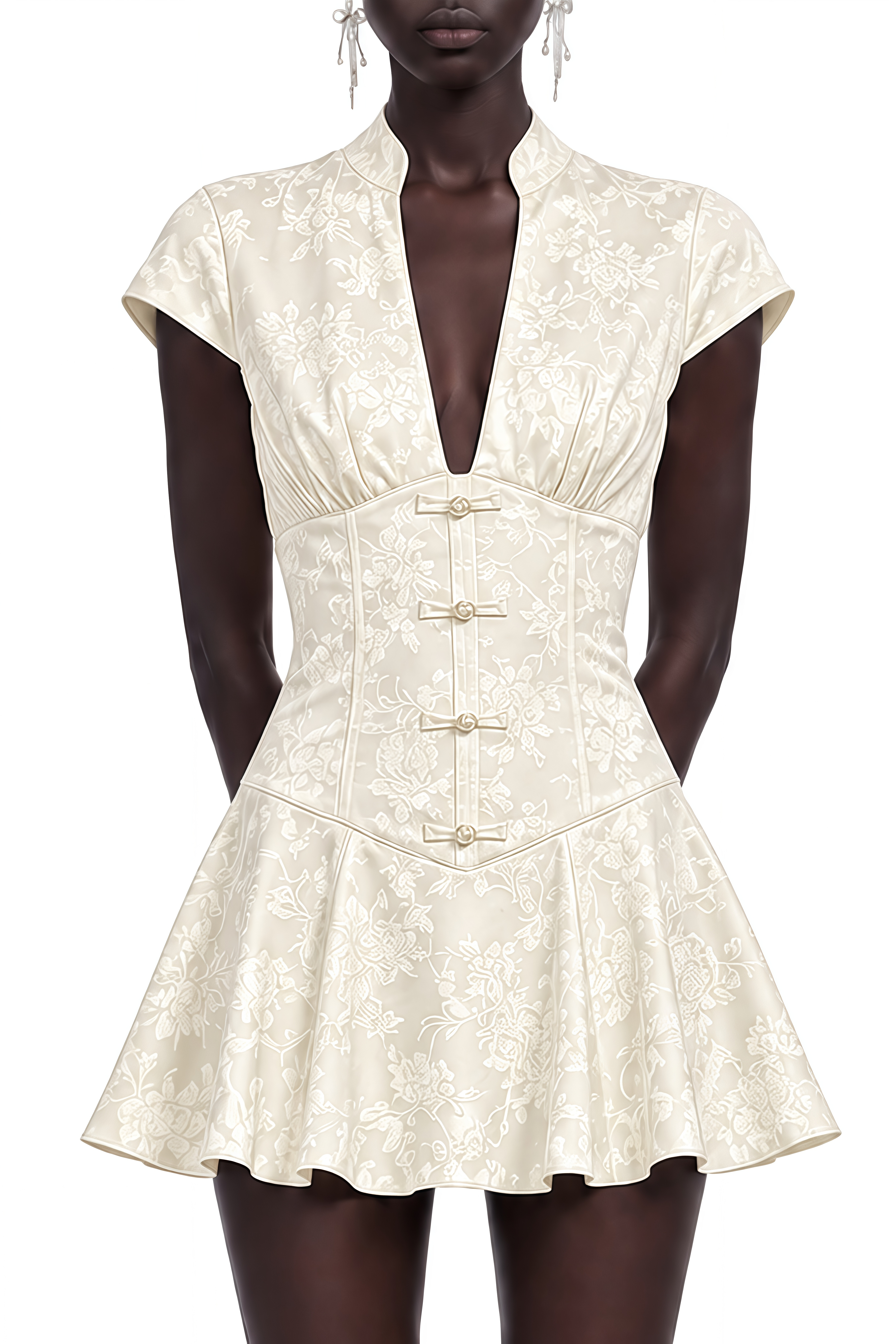 Odette Neutral V-Neck Pleated Mini Dress