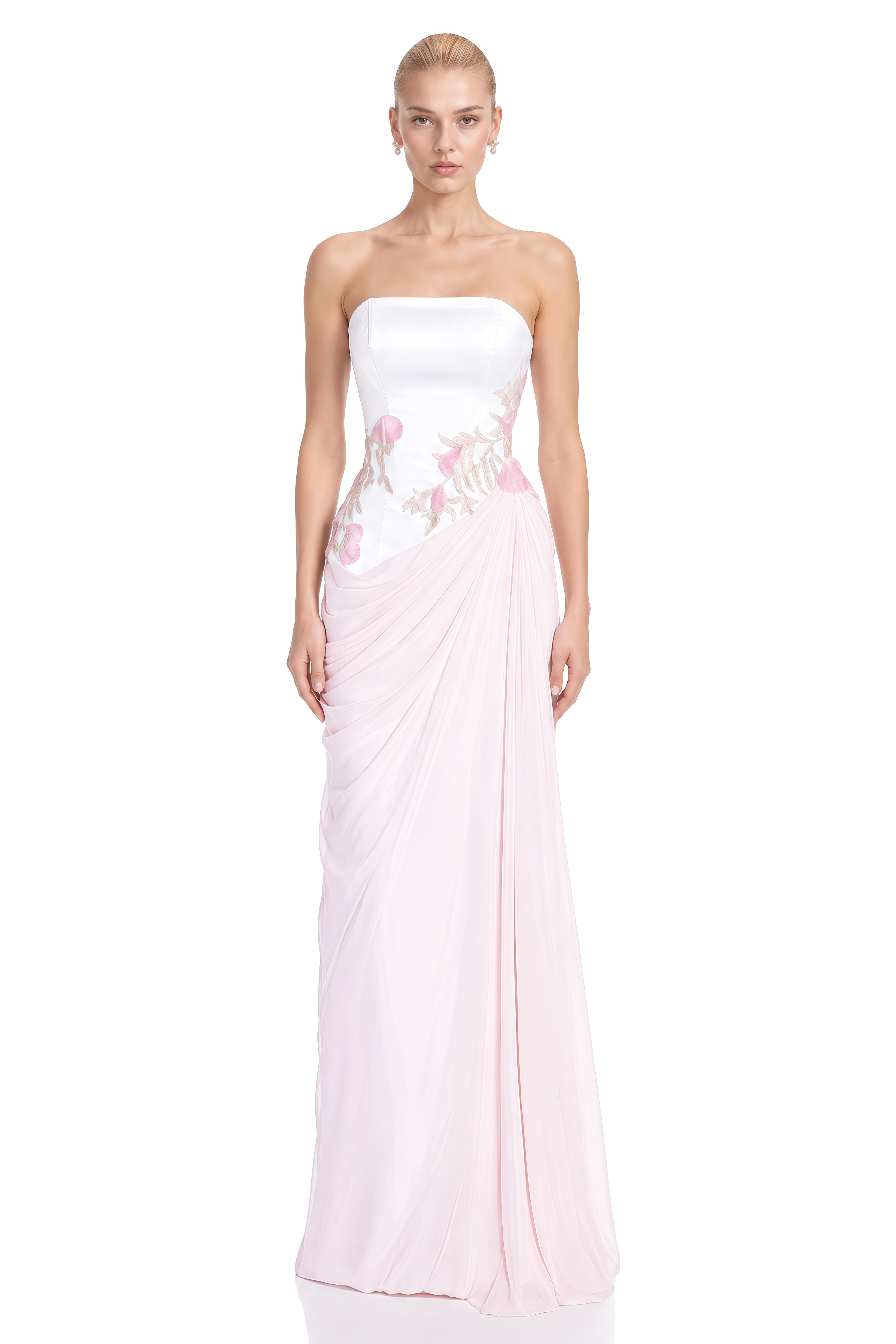 Odette Pink Strapless Floral Embroidery Maxi Dress