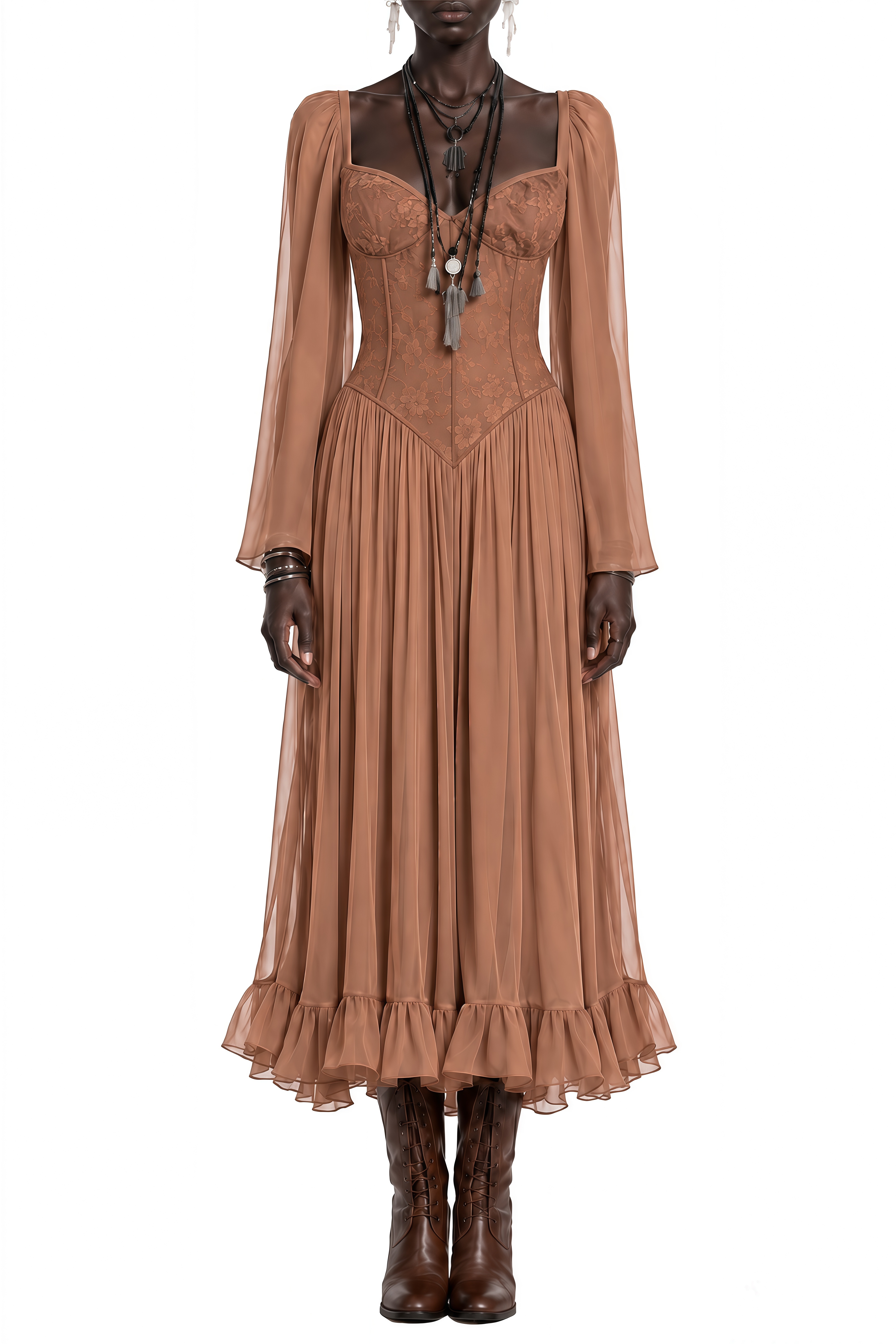 Portia Brown Long Sleeves Ruffled Midi Dress