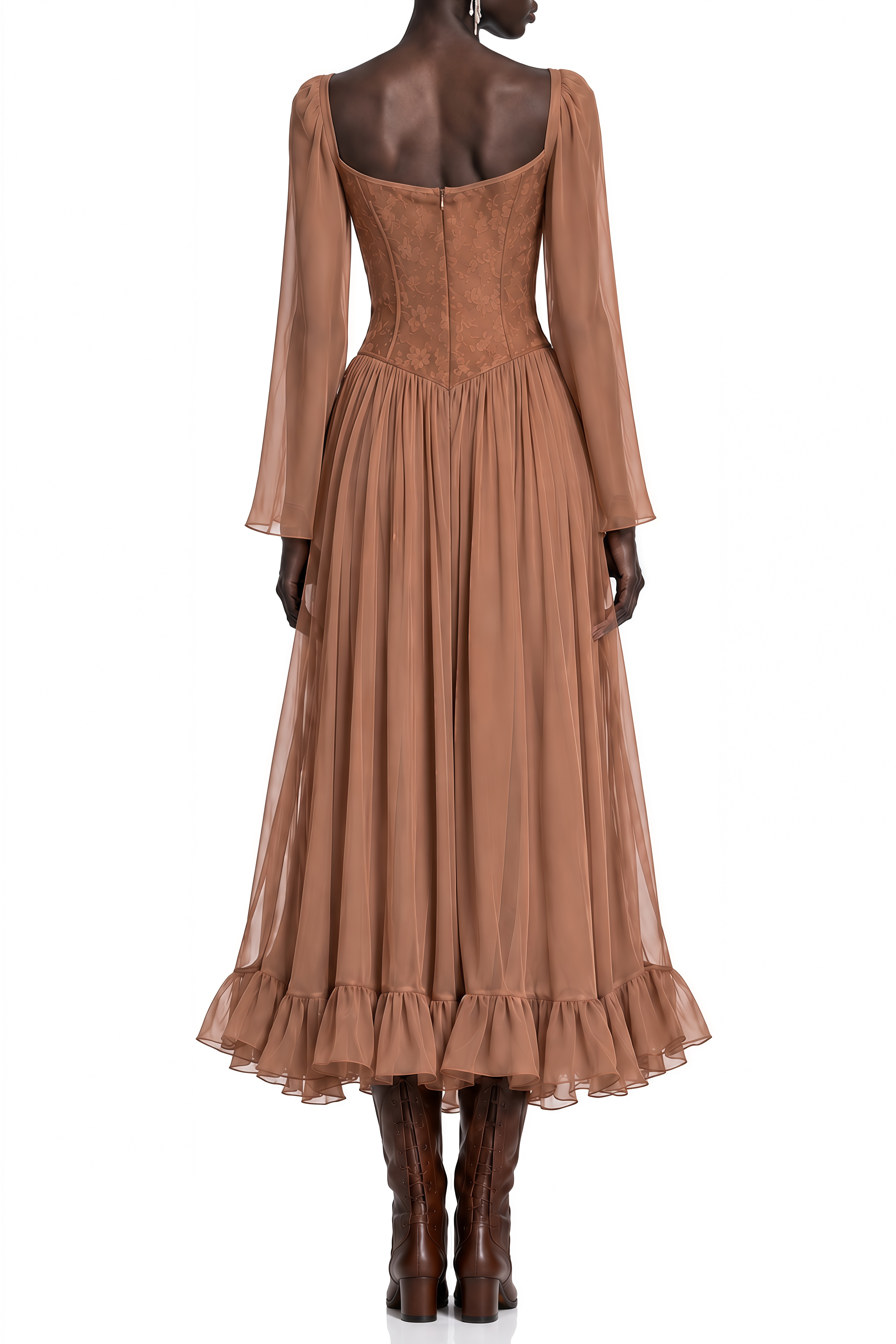 Portia Brown Long Sleeves Ruffled Midi Dress