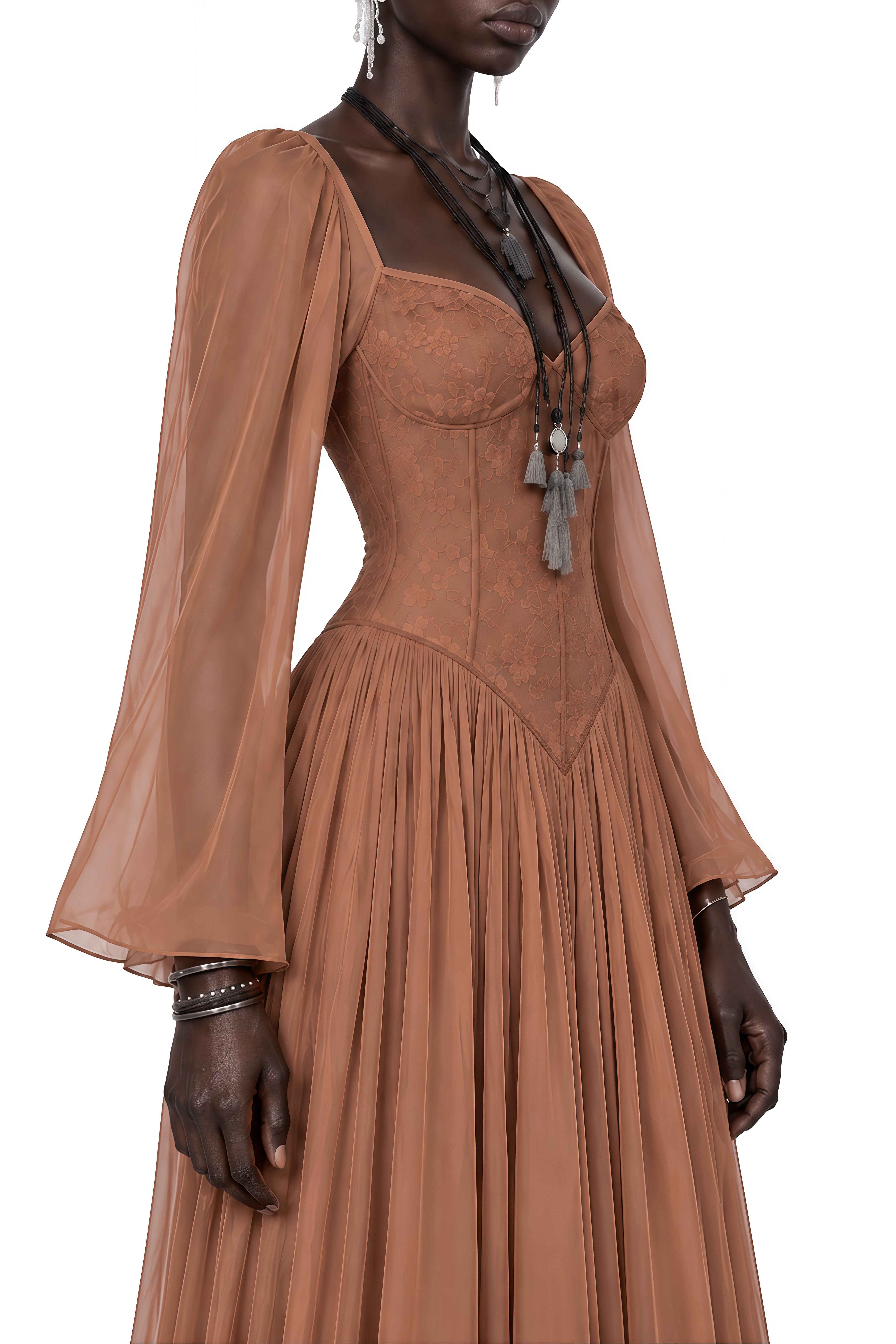 Portia Brown Long Sleeves Ruffled Midi Dress