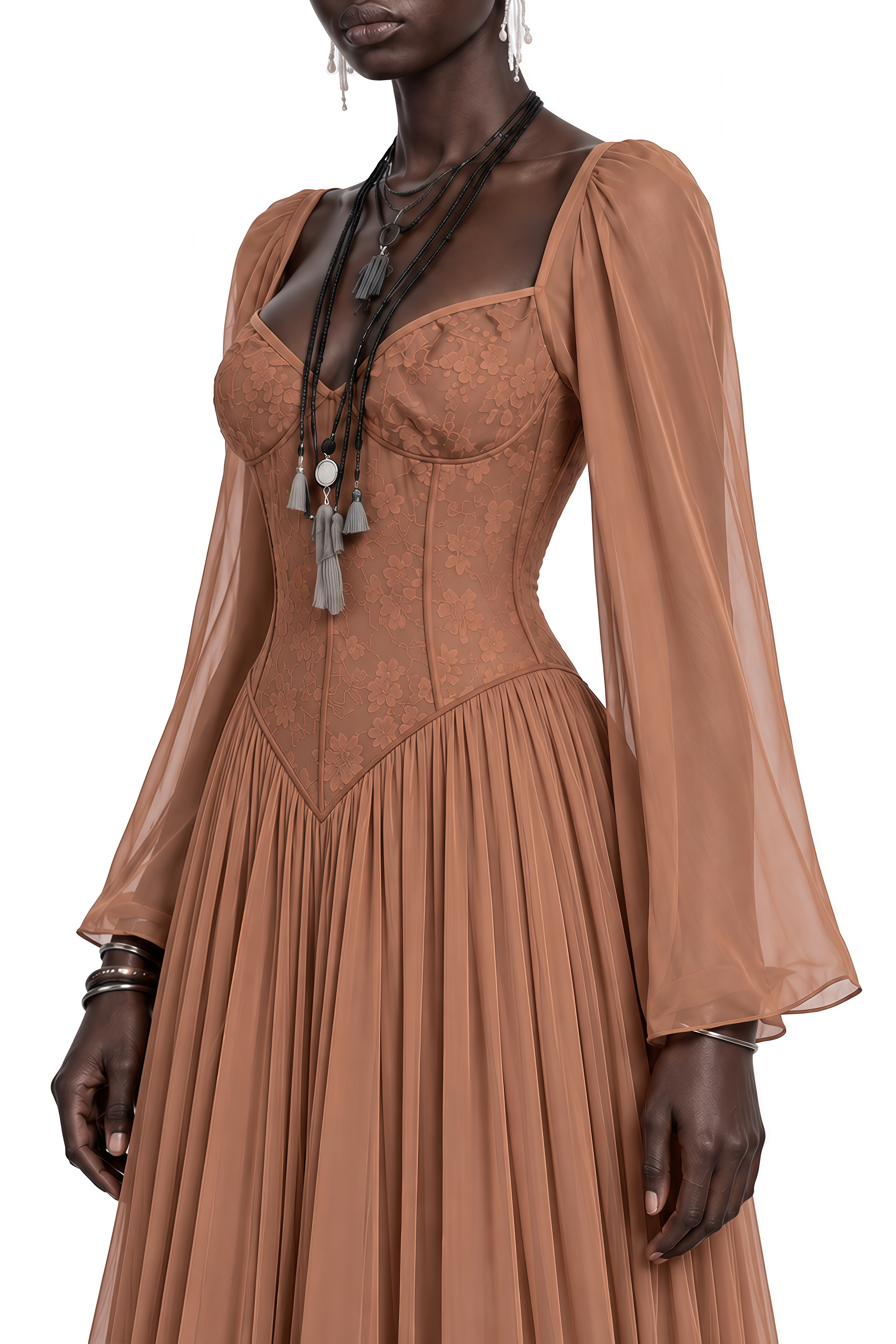 Portia Brown Long Sleeves Ruffled Midi Dress