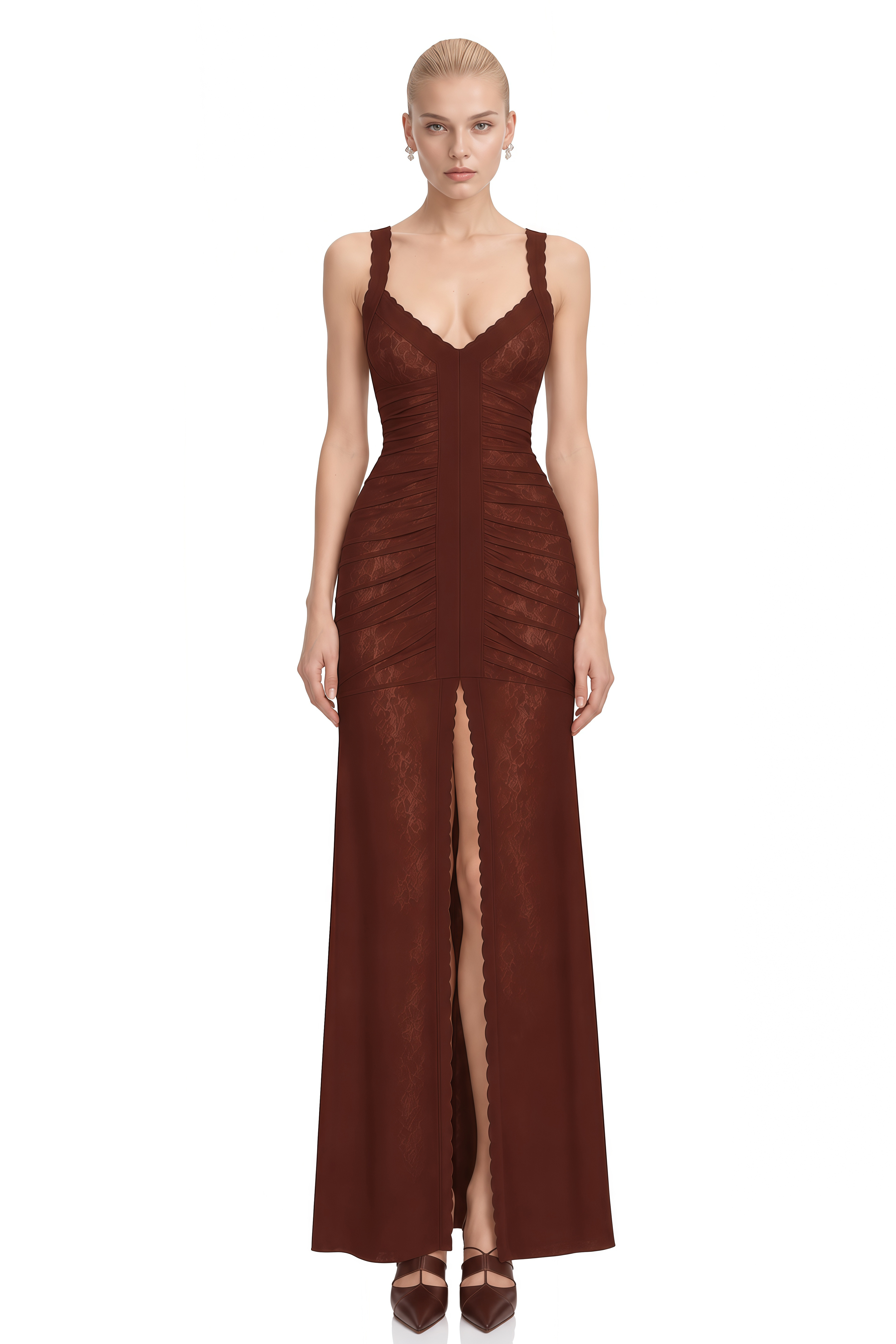 Portia Brown V-Neck Lace Maxi Dress