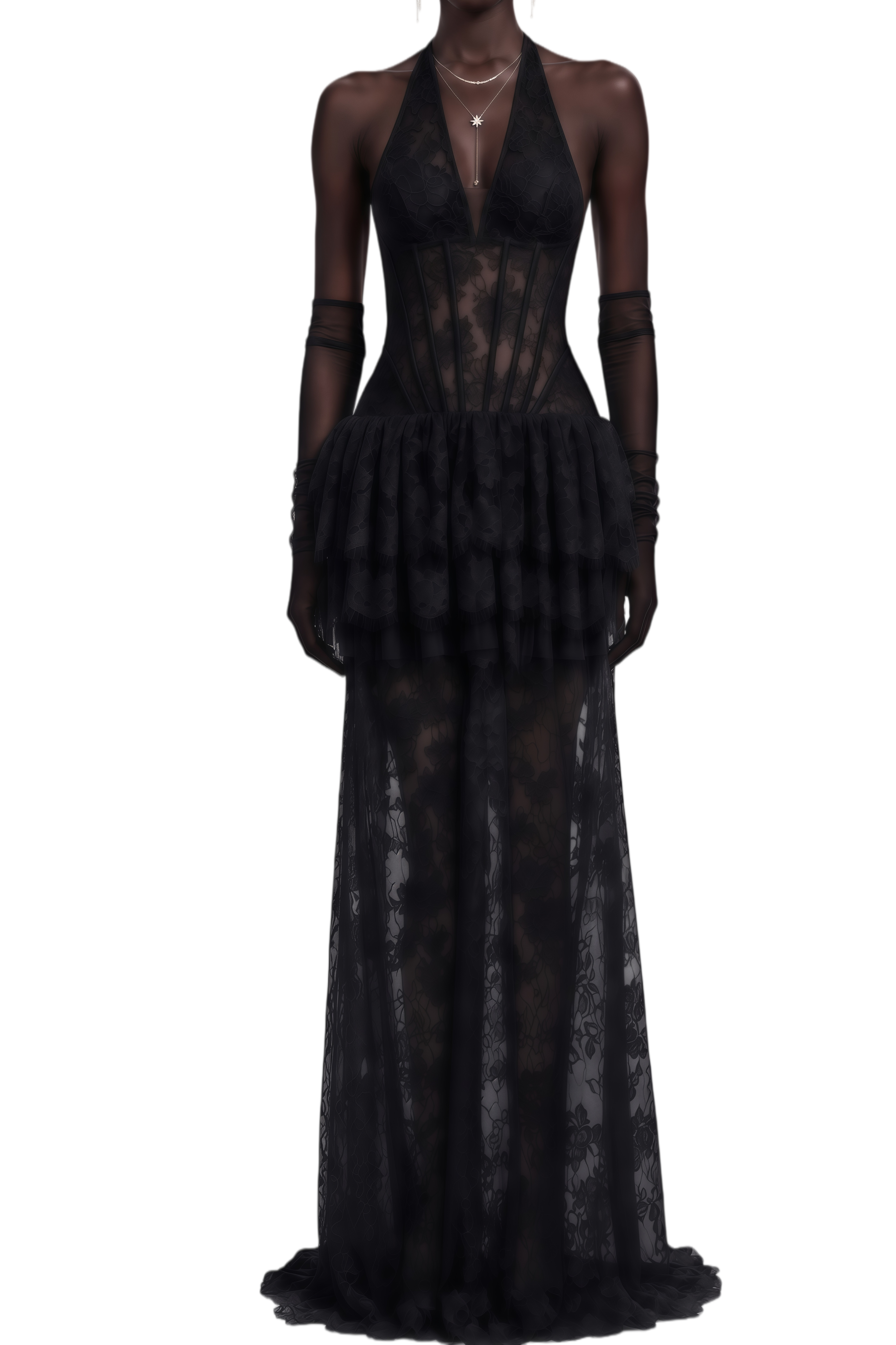 Prima Black Floral Lace Ruffled Maxi Dress