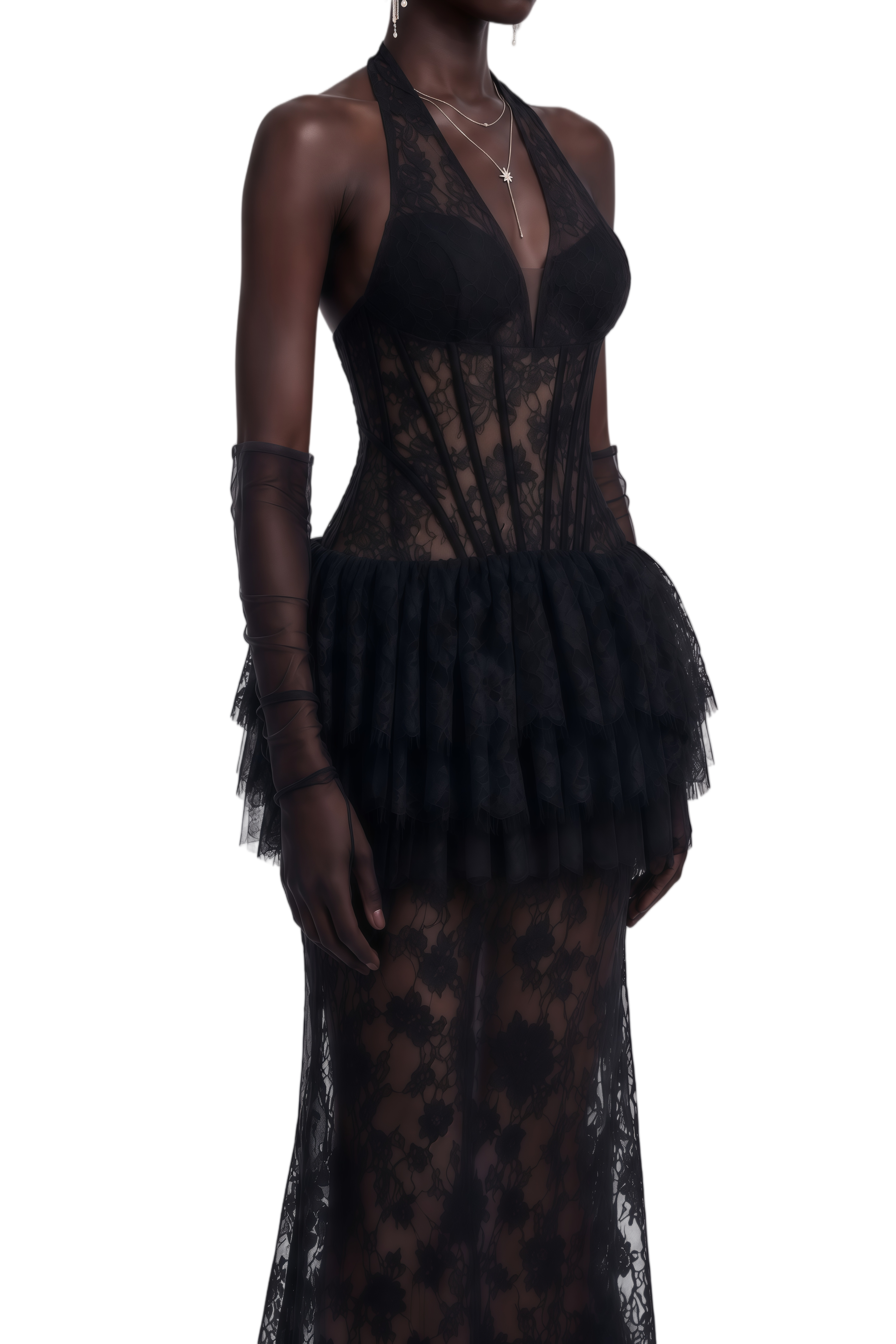 Prima Black Floral Lace Ruffled Maxi Dress