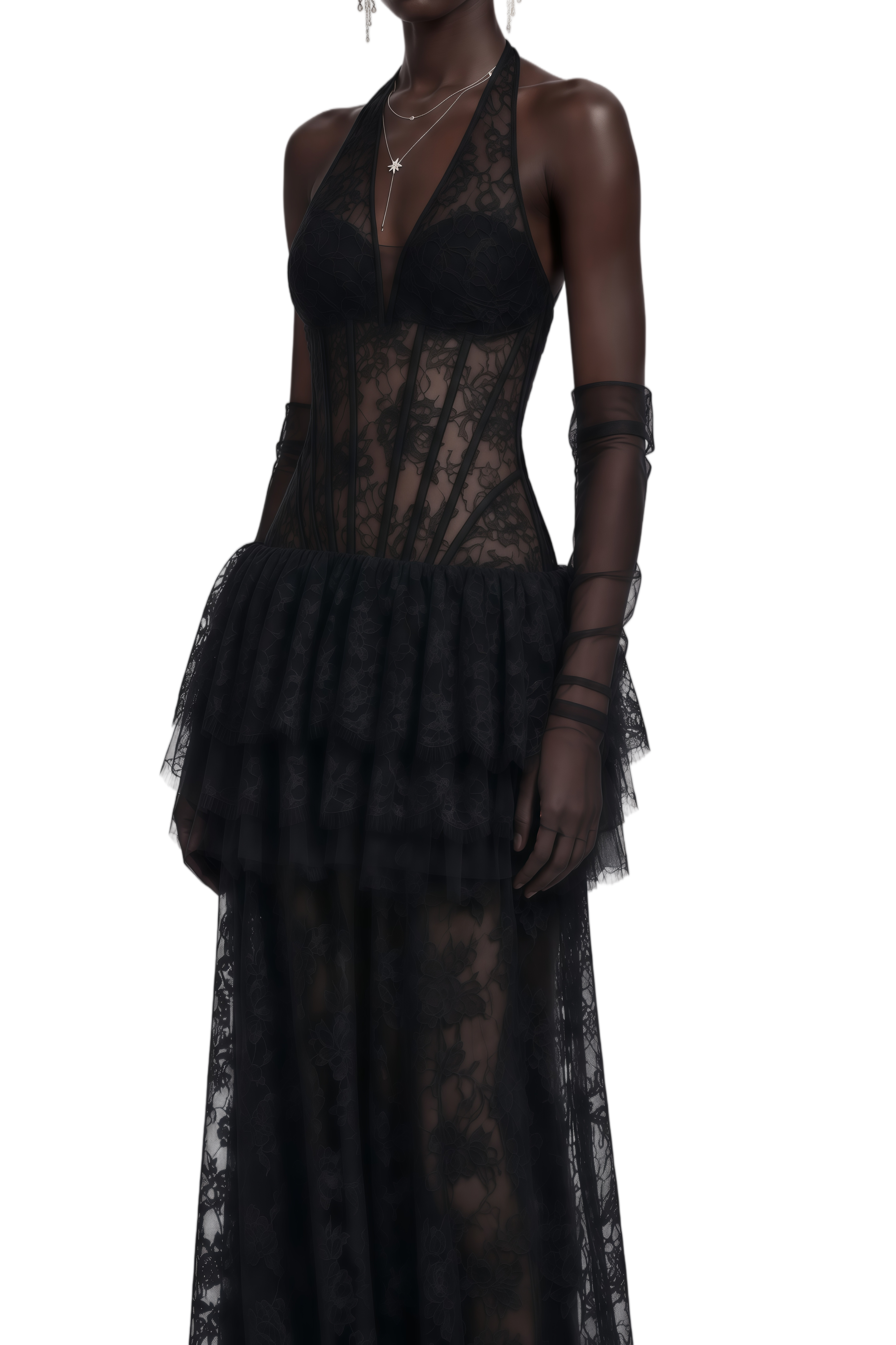 Prima Black Floral Lace Ruffled Maxi Dress