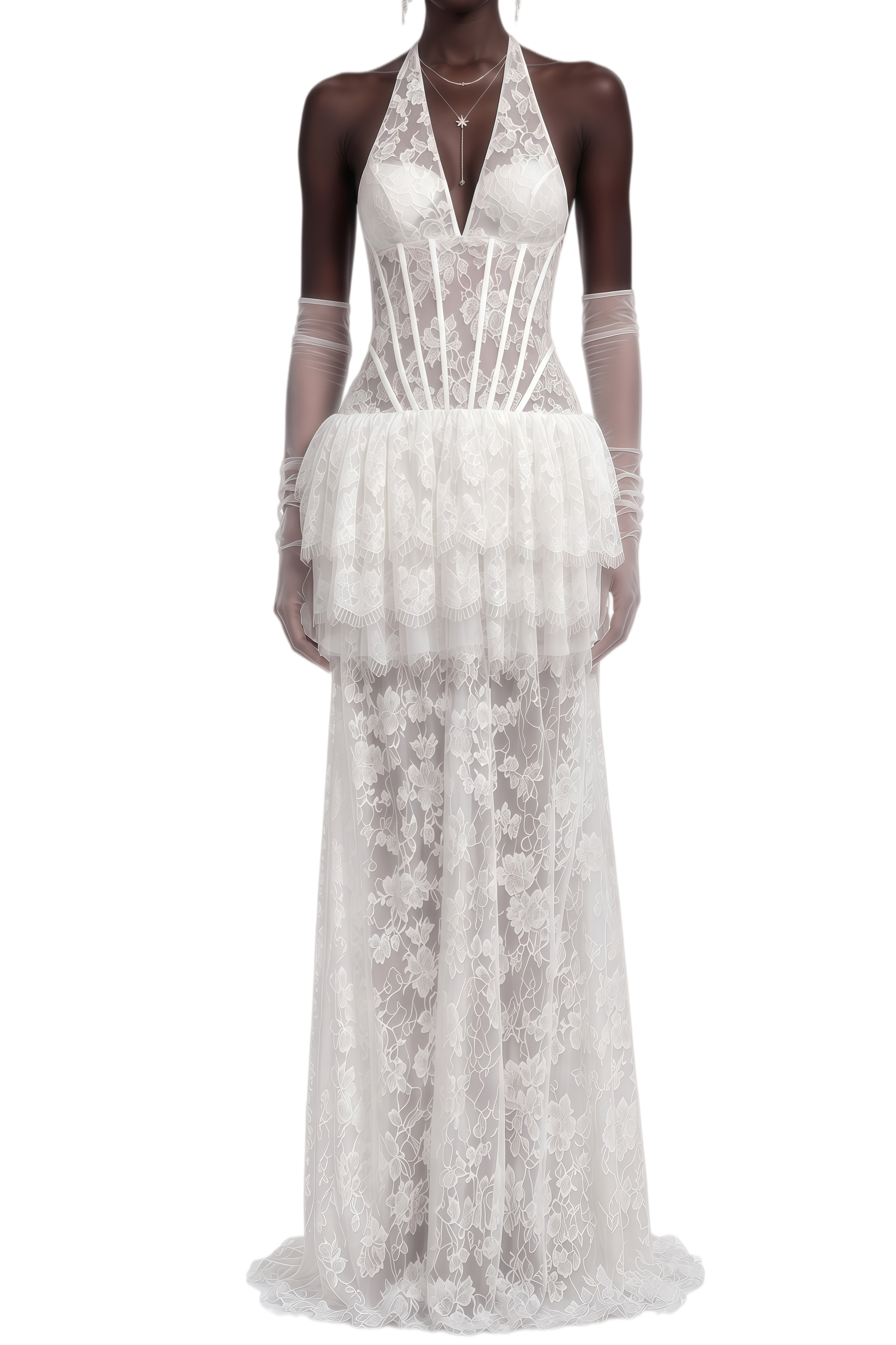 Prima White Floral Lace Ruffled Maxi Dress