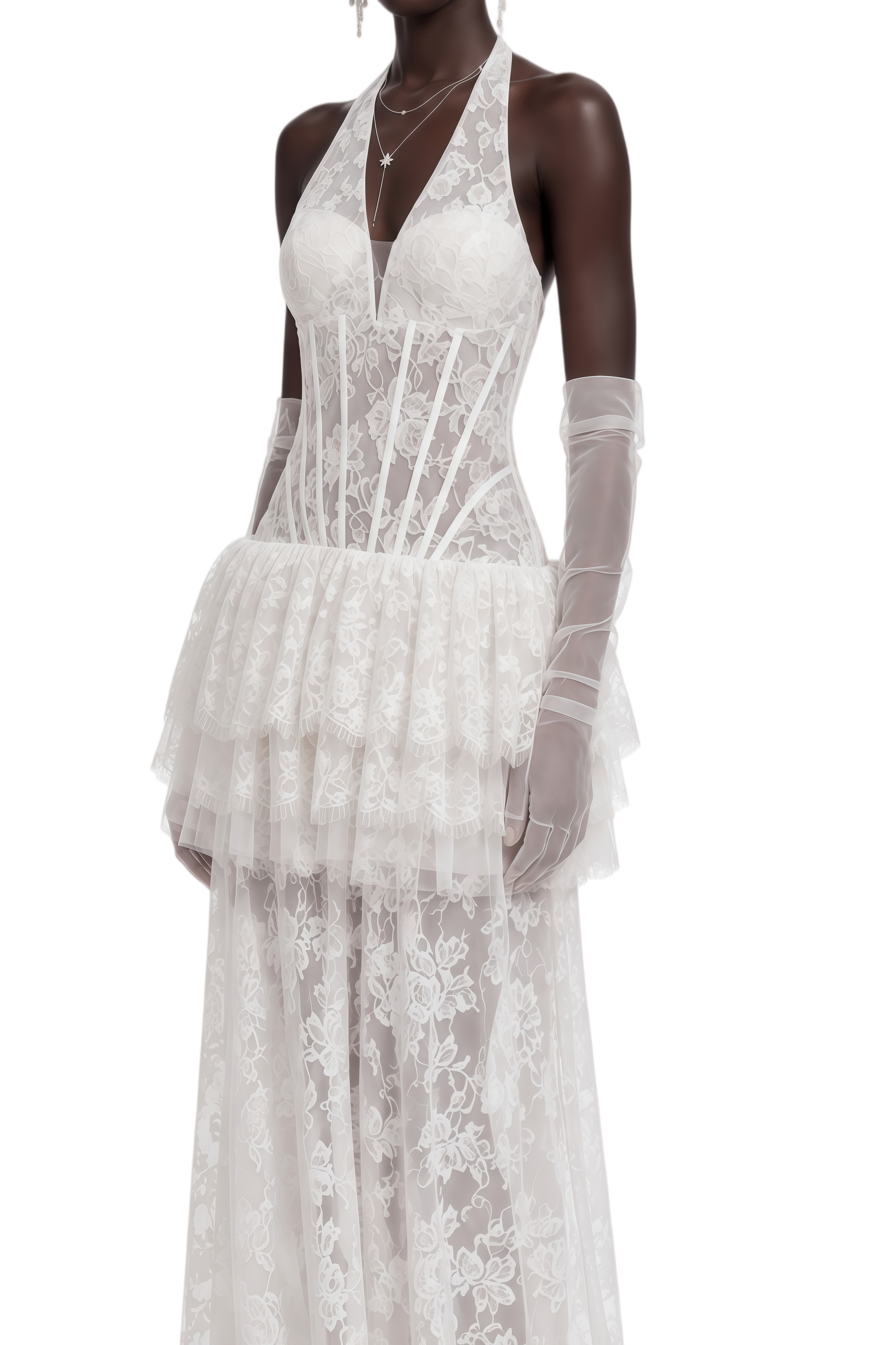 Prima White Floral Lace Ruffled Maxi Dress