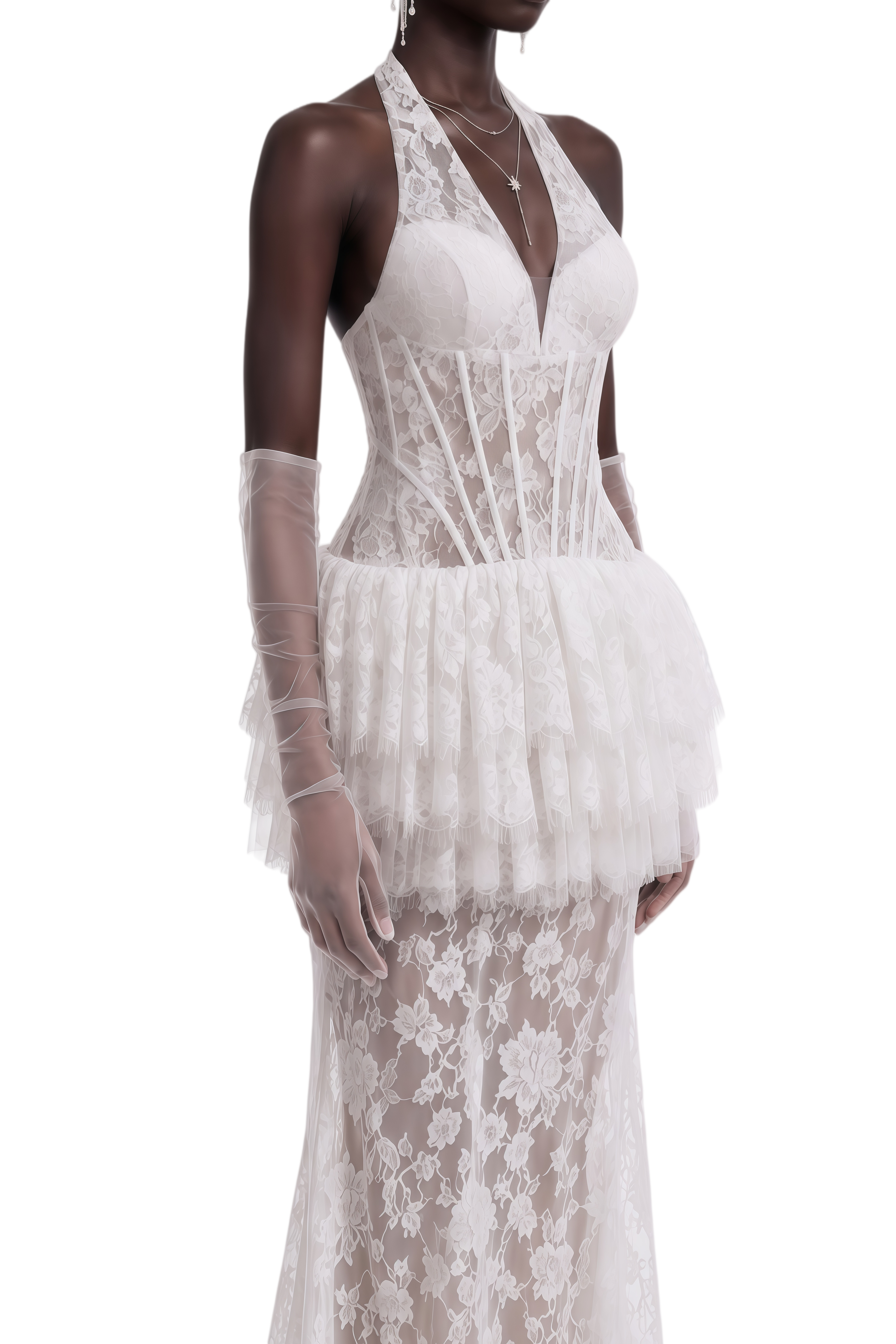 Prima White Floral Lace Ruffled Maxi Dress